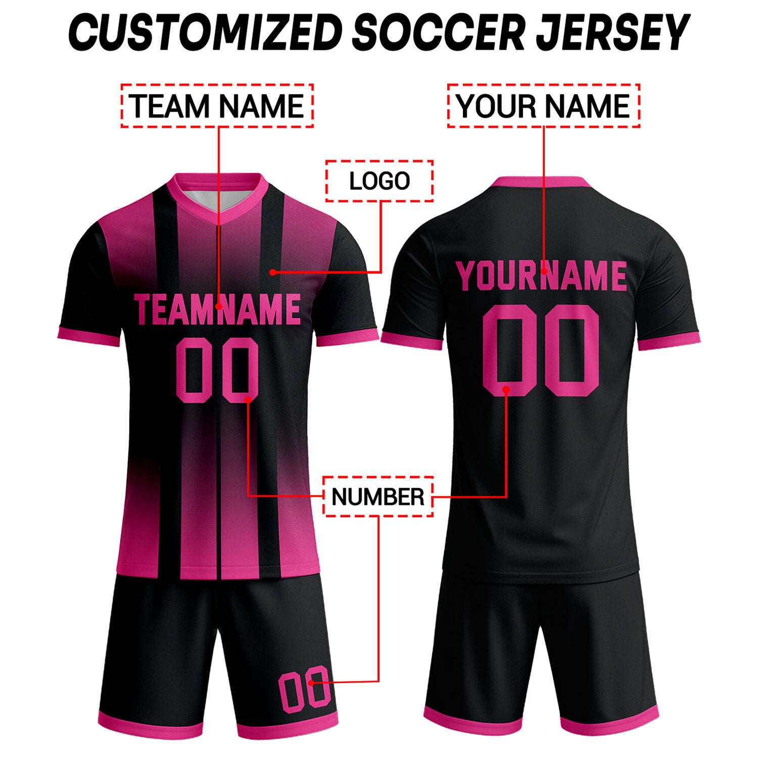 Custom Neon Pink & Black Ombre Stripe Soccer Uniform Set for Teams & Individuals | Vosoli