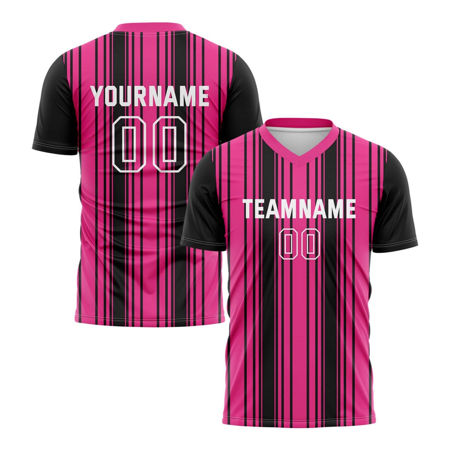 Custom Neon Pink & Black Vertical Stripe Soccer Jersey for Teams & Individuals | Vosoli
