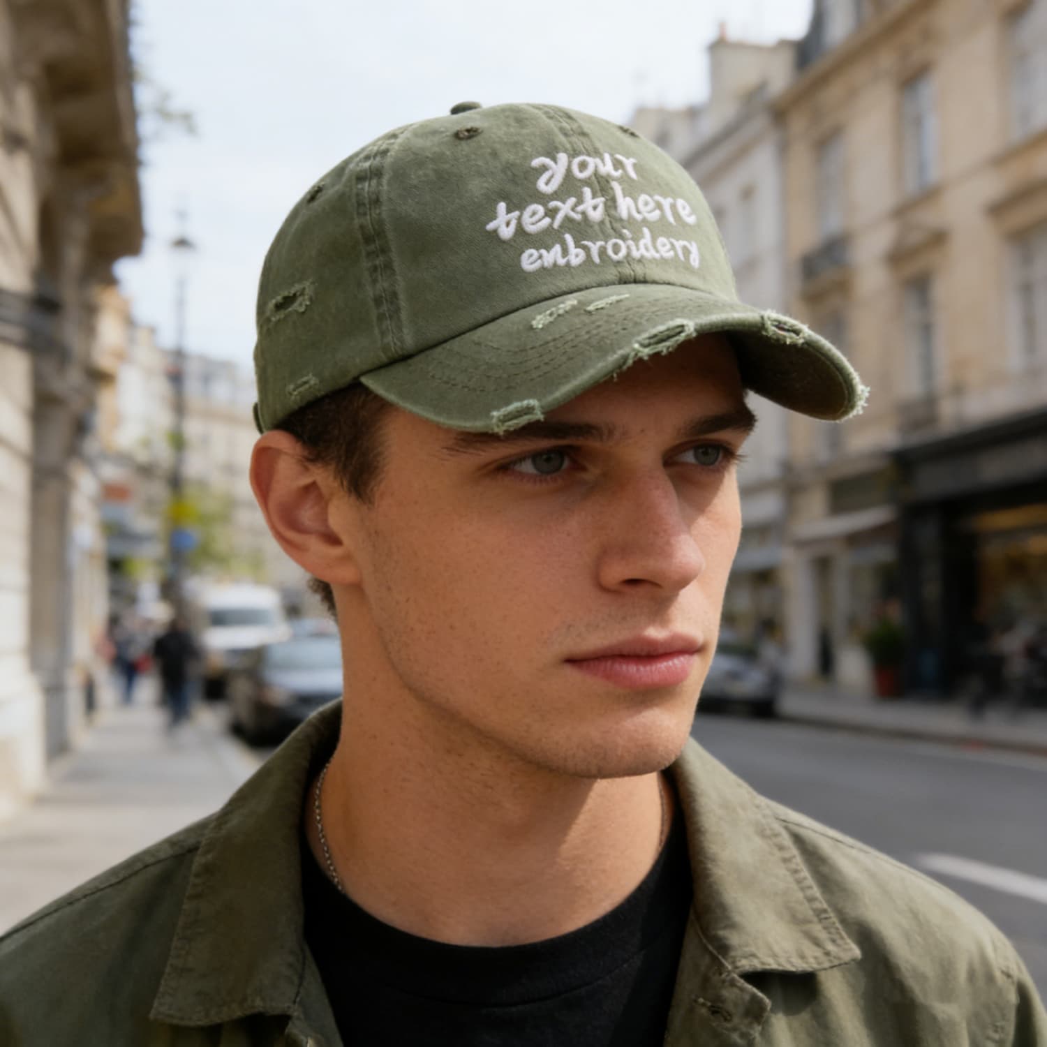 Vosoli Olive Distressed Denim Baseball Cap - Team Custom Embroider or Print Personalized Hat
