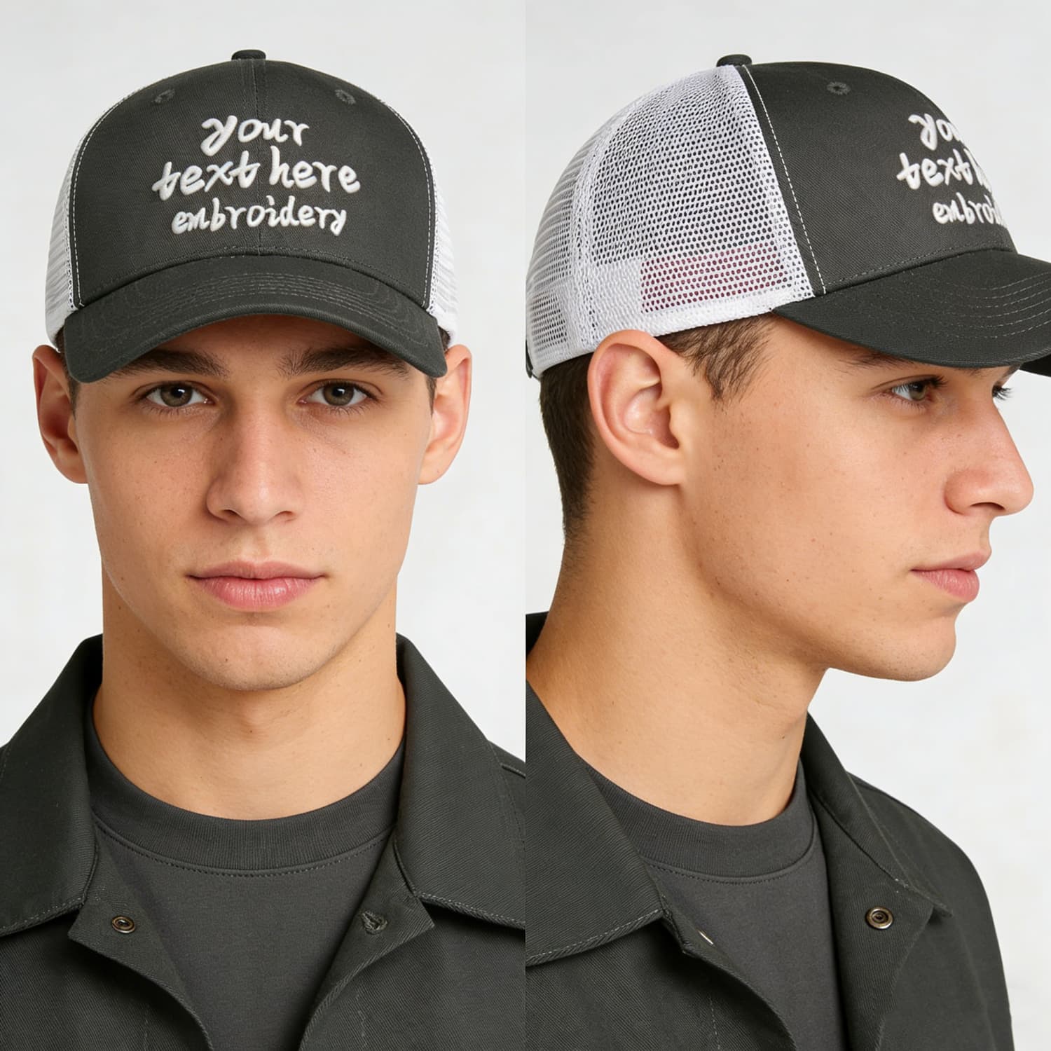 Vosoli Olive Green & White Mesh-Back Trucker Cap - Unisex Personal & Team Custom 3D Embroidery or Print Hat