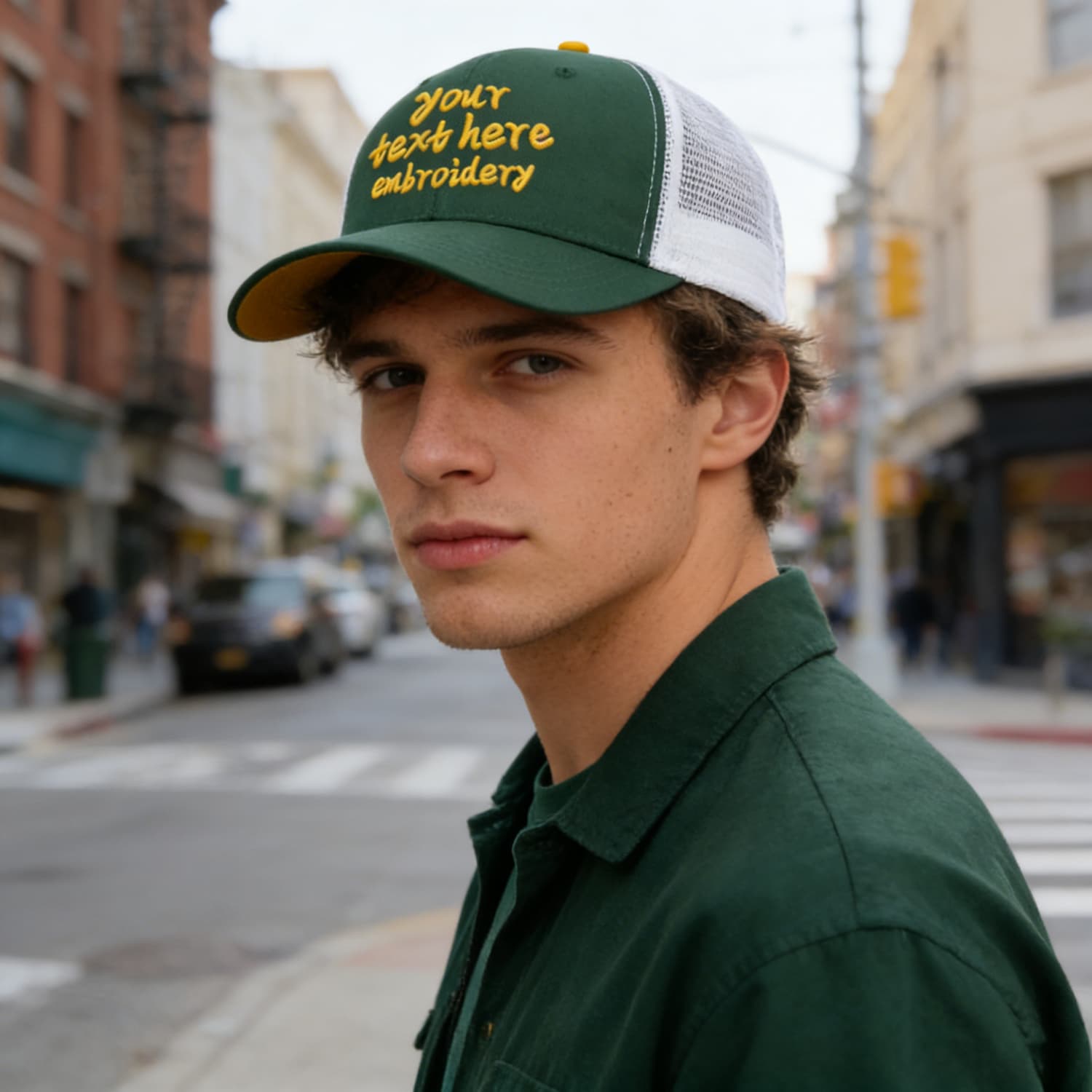Vosoli Olive Green & White Mesh-Back Trucker Cap - Unisex Personal & Team Custom 3D Embroidery or Print Hat
