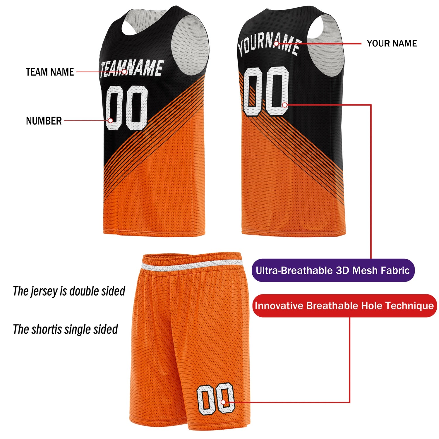 Custom Reversible Basketball Jersey & Shorts Set for Individuals & Teams – Orange Black White Diagonal Stripe | Vosoli