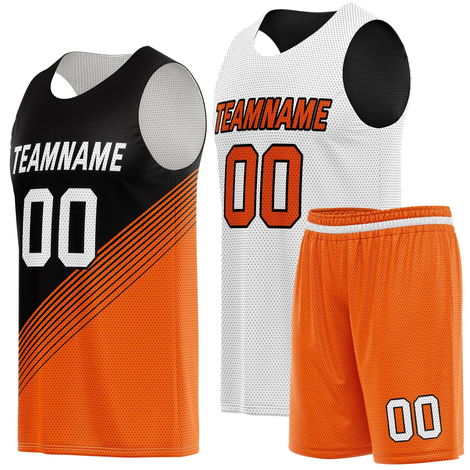 Custom Reversible Basketball Jersey & Shorts Set for Individuals & Teams – Orange Black White Diagonal Stripe | Vosoli