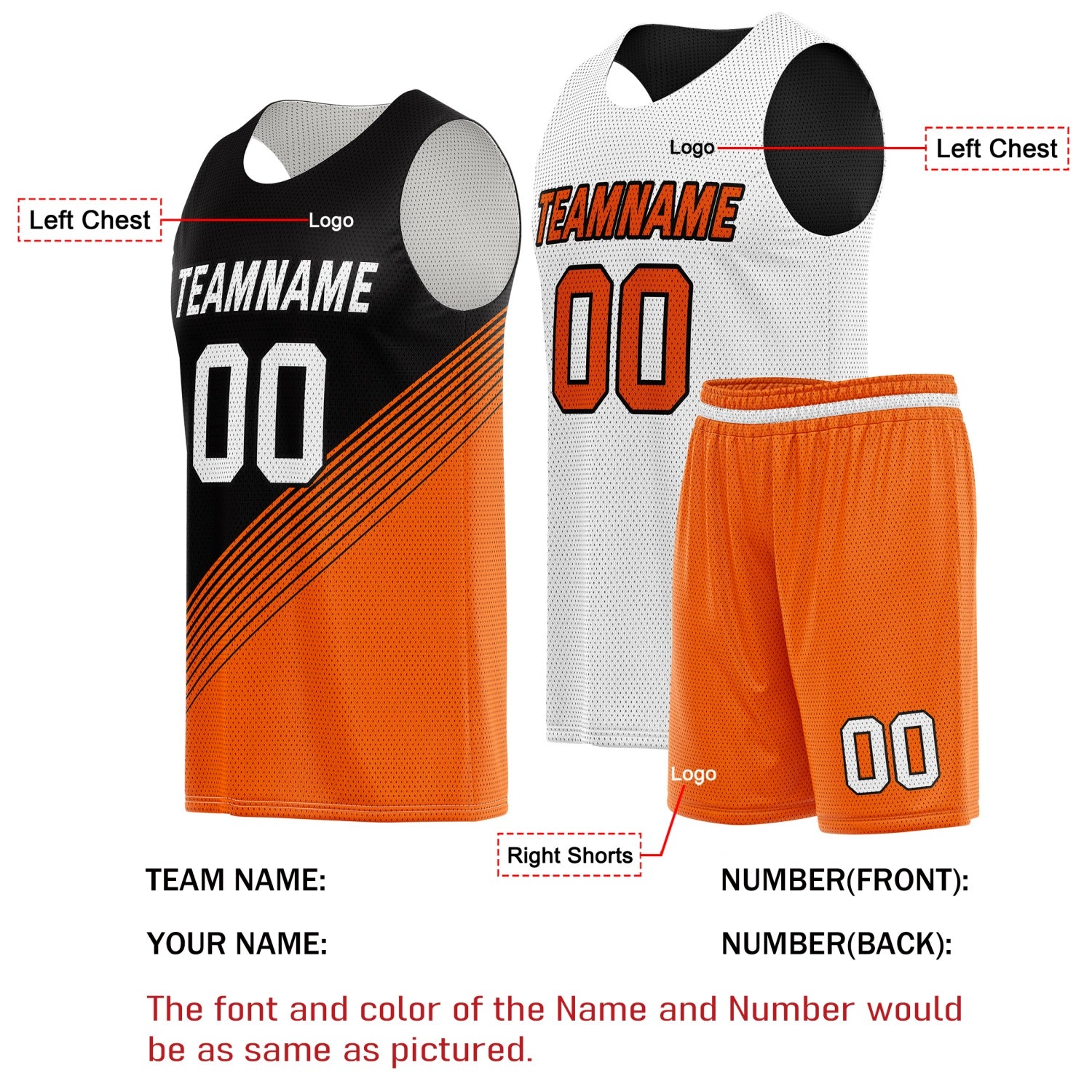 Custom Reversible Basketball Jersey & Shorts Set for Individuals & Teams – Orange Black White Diagonal Stripe | Vosoli