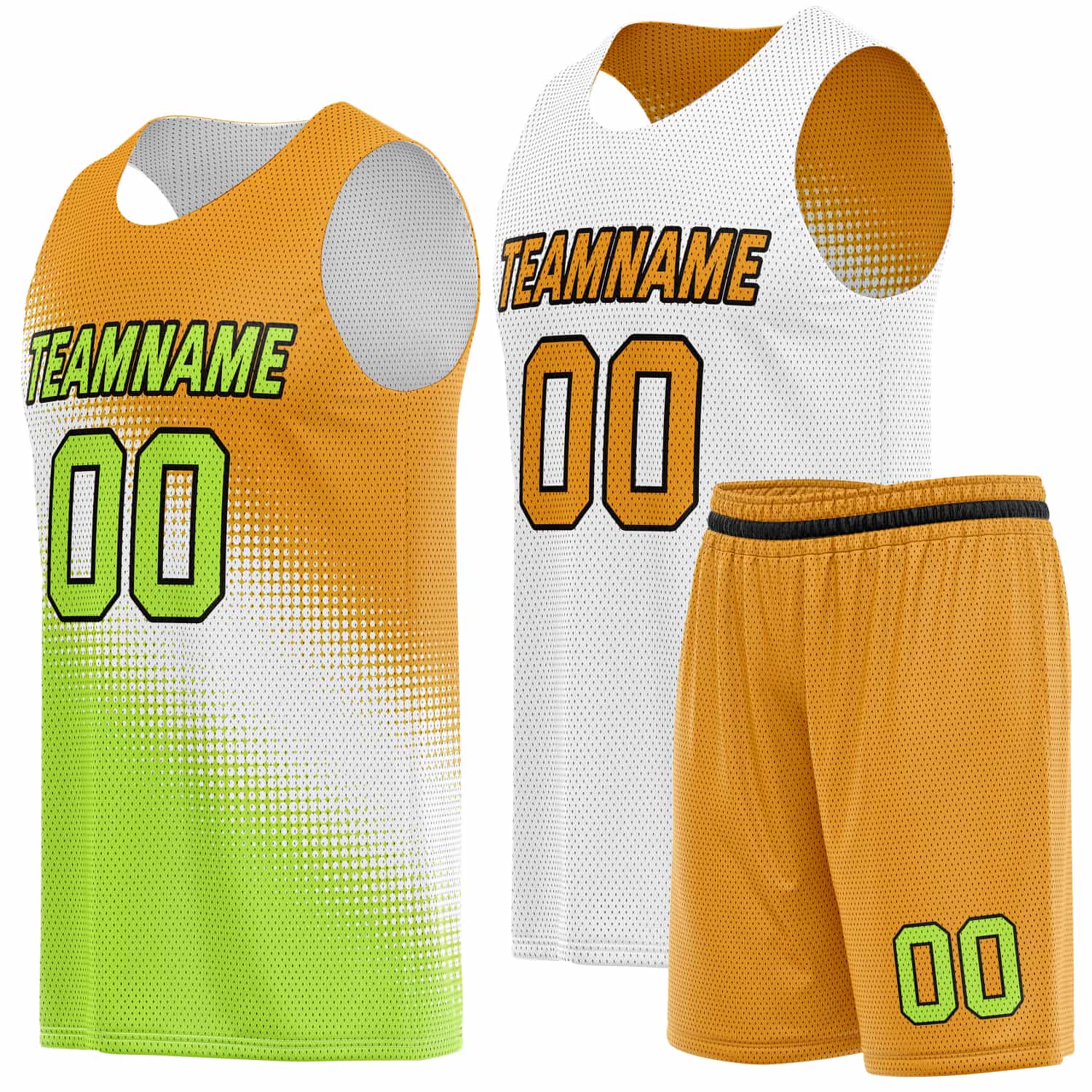 Custom Reversible Basketball Jersey & Shorts Set – Orange Green White | Vosoli (For Teams & Individuals)