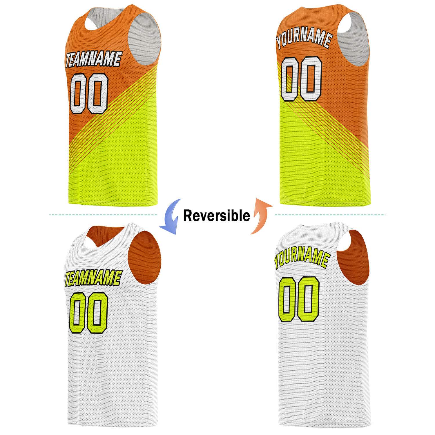 Custom Reversible Basketball Jersey & Shorts Set for Individuals & Teams – Orange Neon Green White Diagonal Stripe | Vosoli