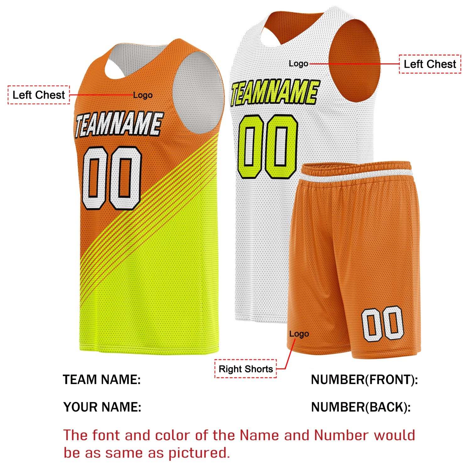 Custom Reversible Basketball Jersey & Shorts Set for Individuals & Teams – Orange Neon Green White Diagonal Stripe | Vosoli