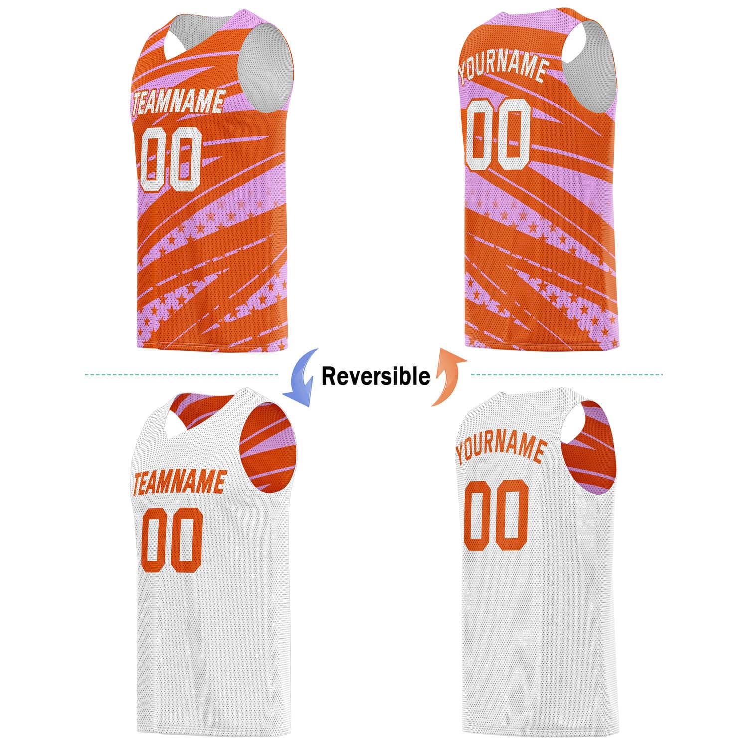Custom Reversible Basketball Jersey for Individuals & Teams – Orange Pink White Star Stripe | Vosoli