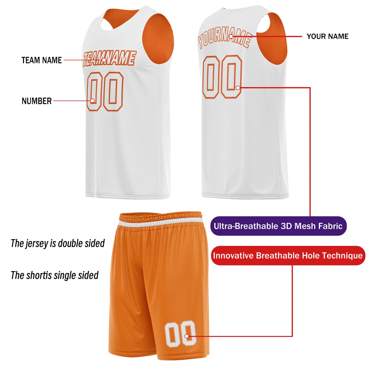 Custom Reversible Basketball Jersey & Shorts Set for Individuals & Teams – Orange White Vosoli