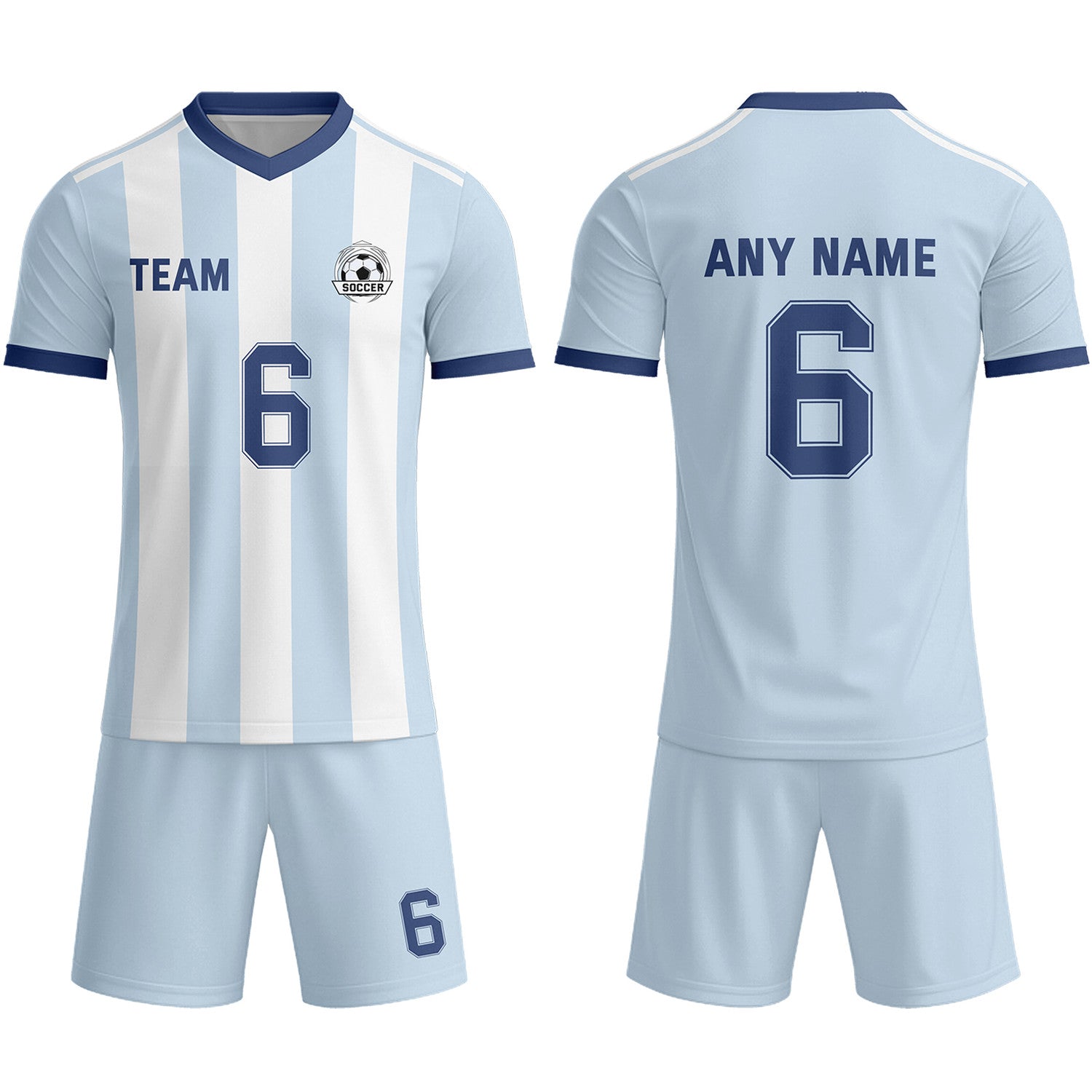 Custom Pale Blue & White-Navy Striped Soccer Uniform Set for Teams & Individuals | Vosoli
