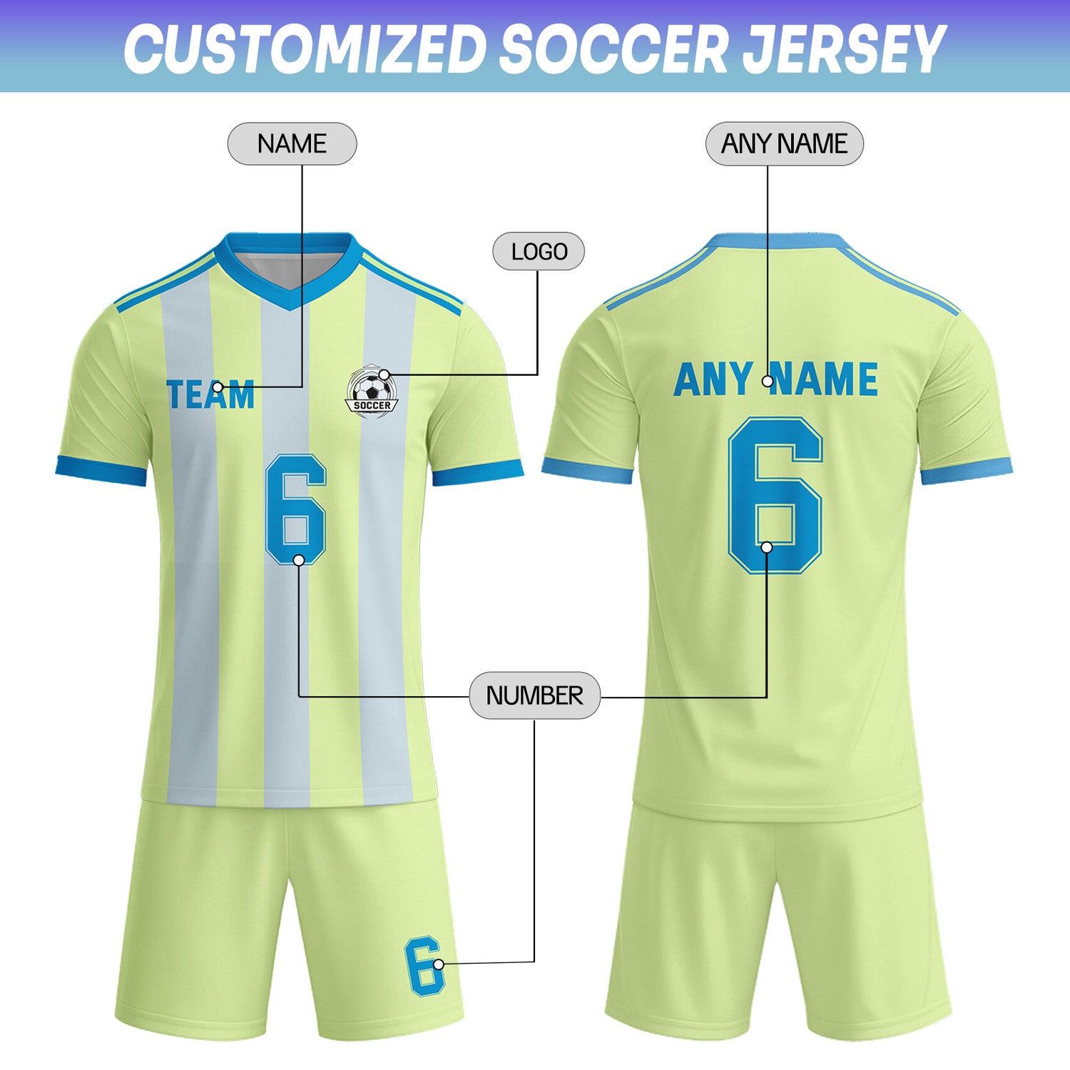 Custom Pale Lime & Blue-Grey Striped Soccer Uniform Set for Teams & Individuals | Vosoli
