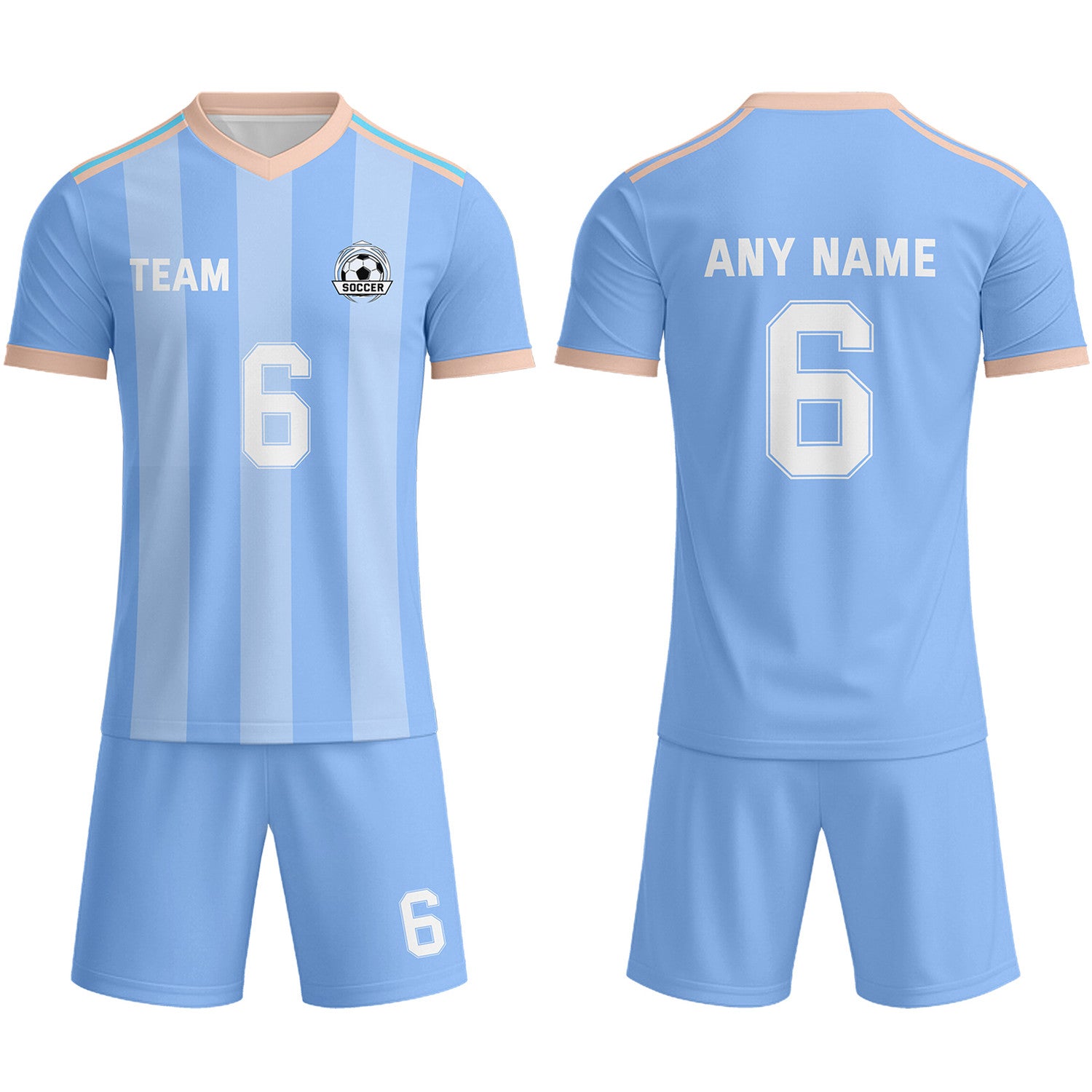 Custom Pastel Blue & White-Peach Striped Soccer Uniform Set for Teams & Individuals | Vosoli