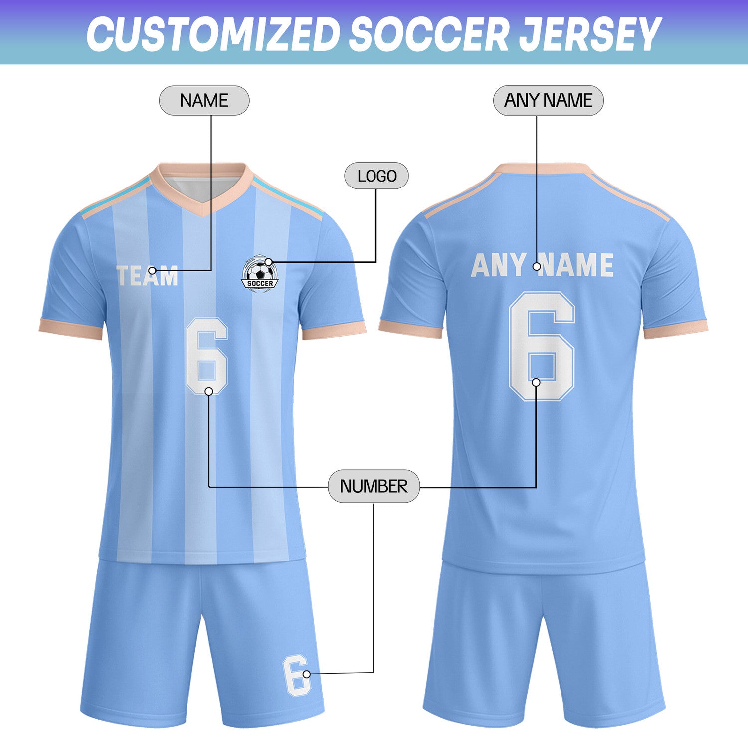 Custom Pastel Blue & White-Peach Striped Soccer Uniform Set for Teams & Individuals | Vosoli