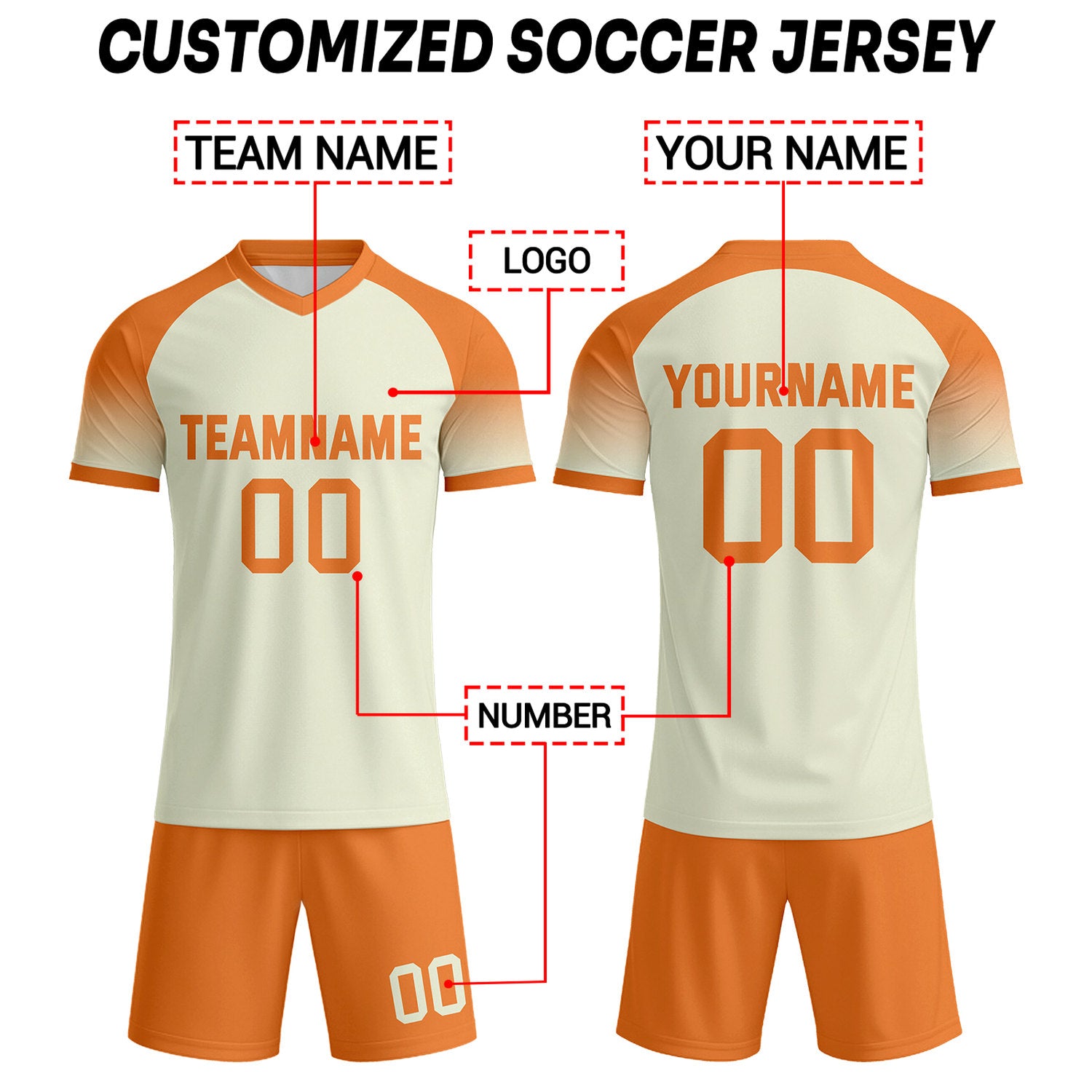 Custom Cream & Orange Raglan Sleeve Soccer Uniform Set for Teams & Individuals | Vosoli