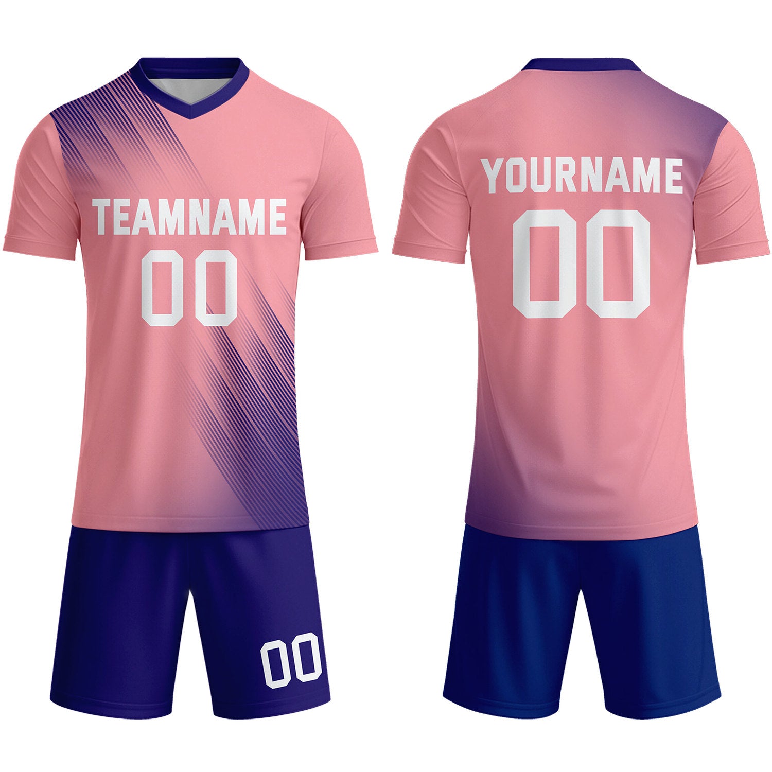 Custom Pastel Pink & Navy Blue Stripe Soccer Uniform Set for Teams & Individuals | Vosoli