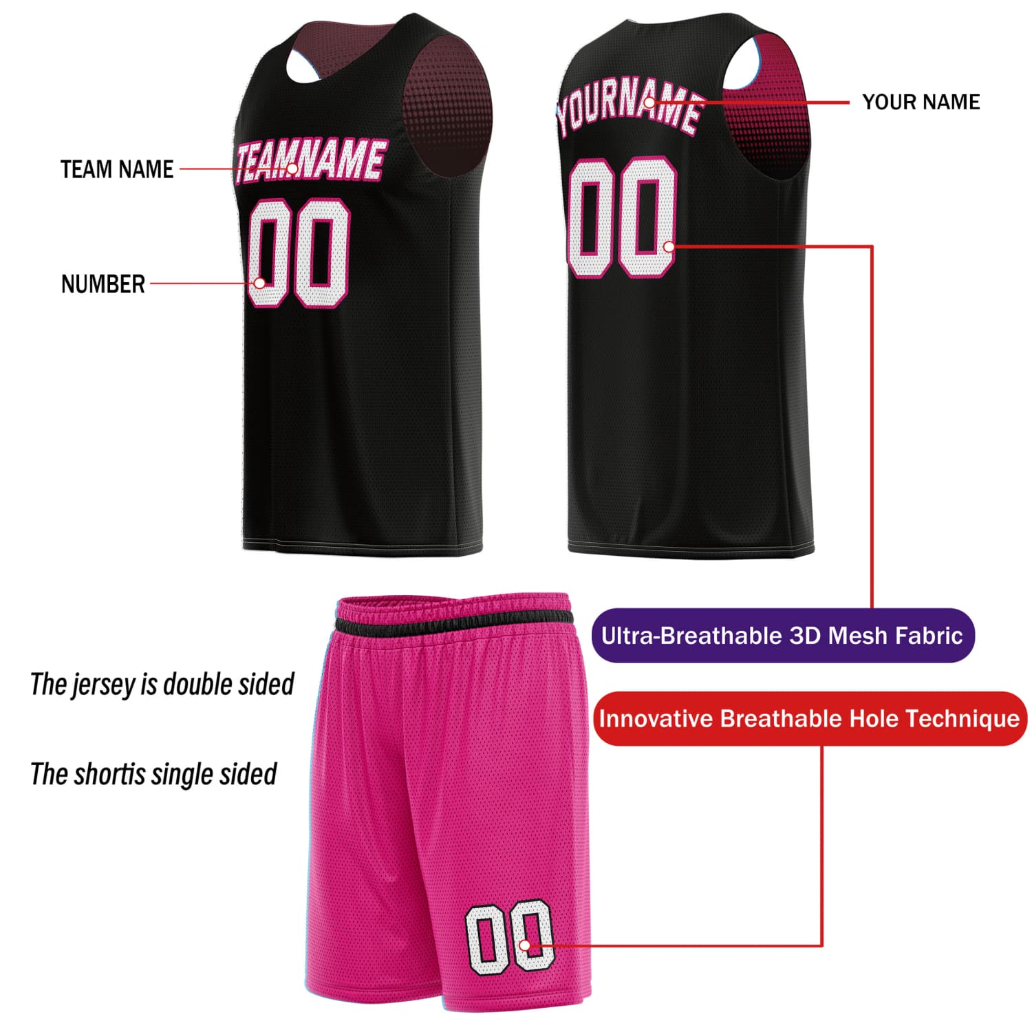 Custom Reversible Basketball Jersey & Shorts Set for Individuals & Teams – Pink Black Light Blue White Dot Gradient | Vosoli