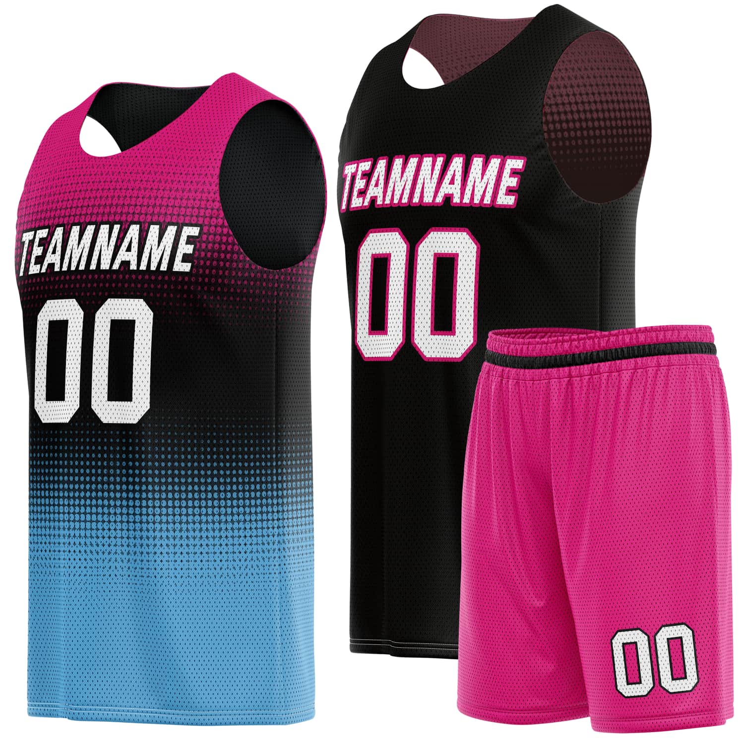 Custom Reversible Basketball Jersey & Shorts Set for Individuals & Teams – Pink Black Light Blue White Dot Gradient | Vosoli