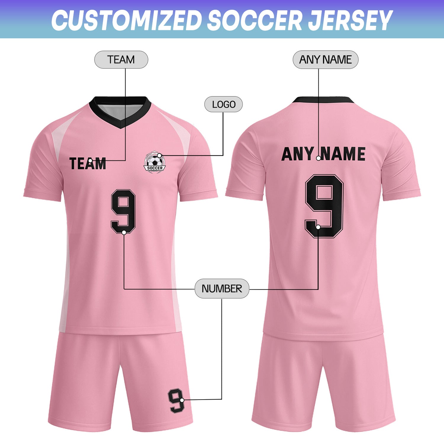 Custom Pink & Black Soccer Uniform Set - Personalized Team Name & Number | Vosoli