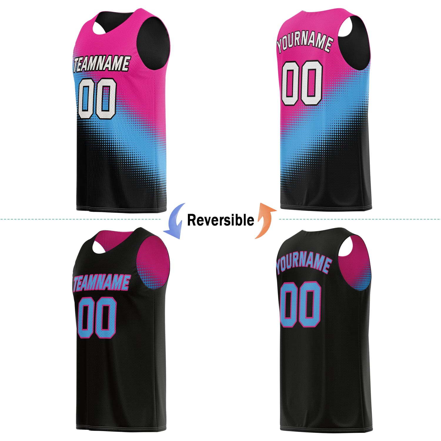 Custom Reversible Basketball Jersey for Individuals & Teams – Pink, Blue & Black | Vosoli