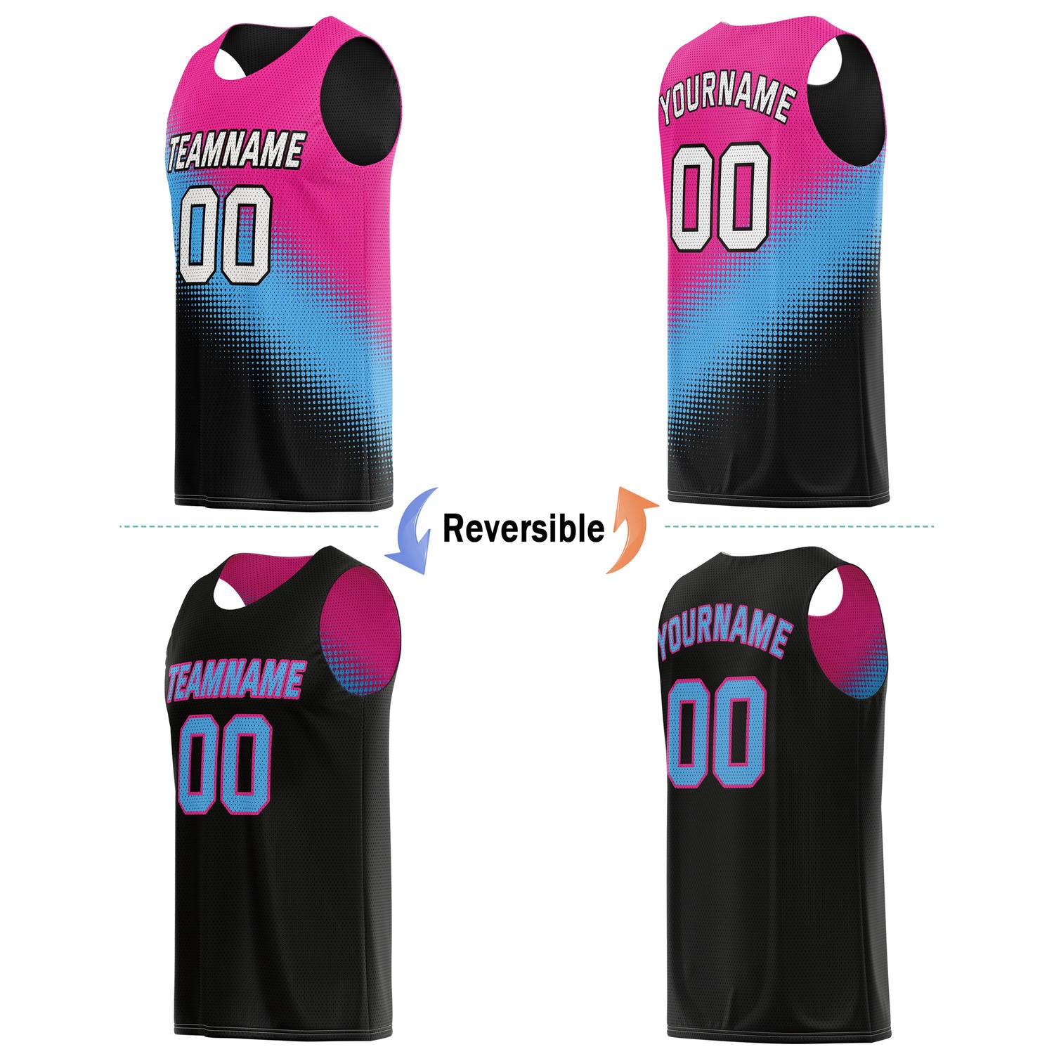Custom Reversible Basketball Jersey & Shorts Set for Individuals & Teams – Pink Cyan Black Dot Gradient | Vosoli