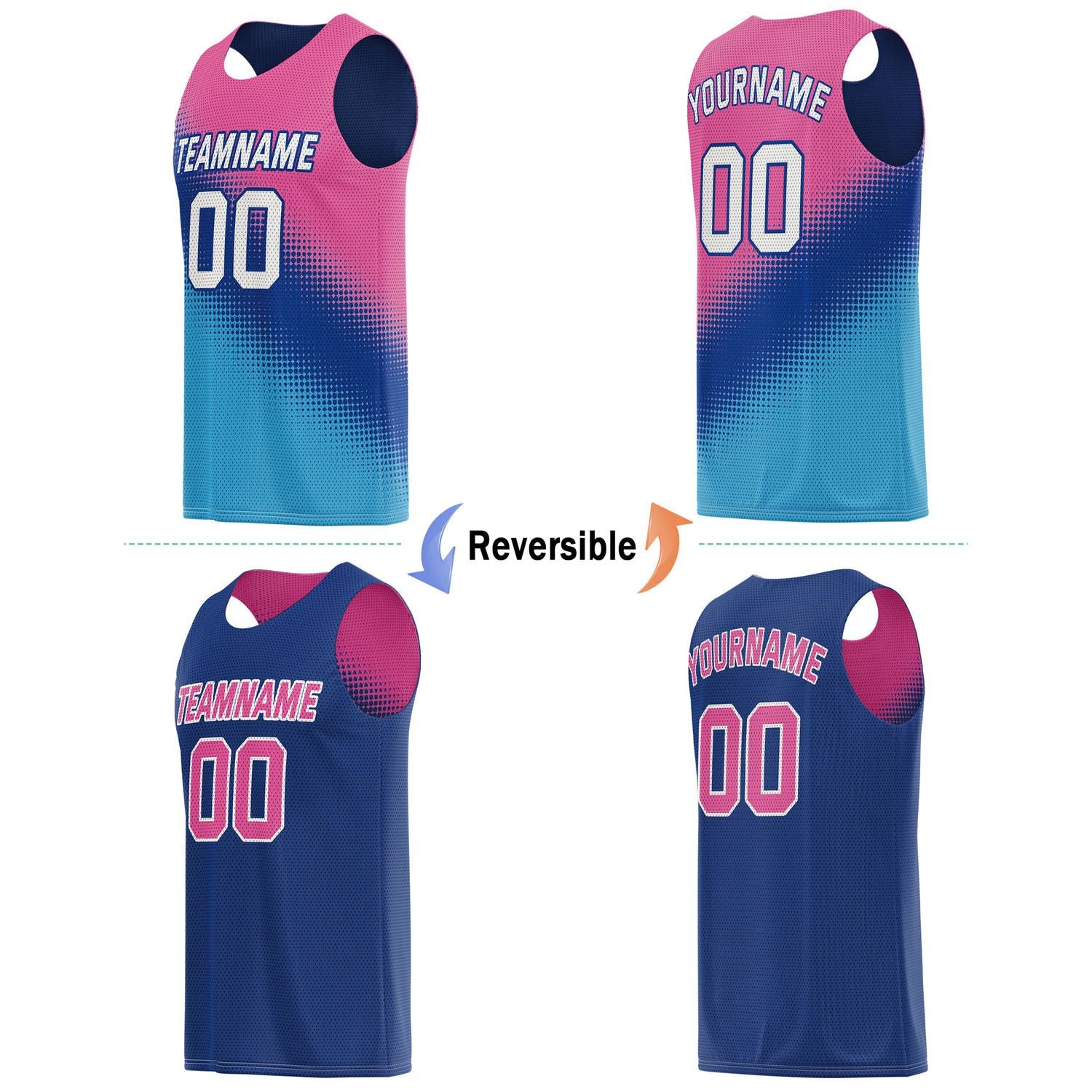 Custom Reversible Basketball Jersey & Shorts Set for Individuals & Teams – Pink Cyan Navy Dot Gradient | Vosoli