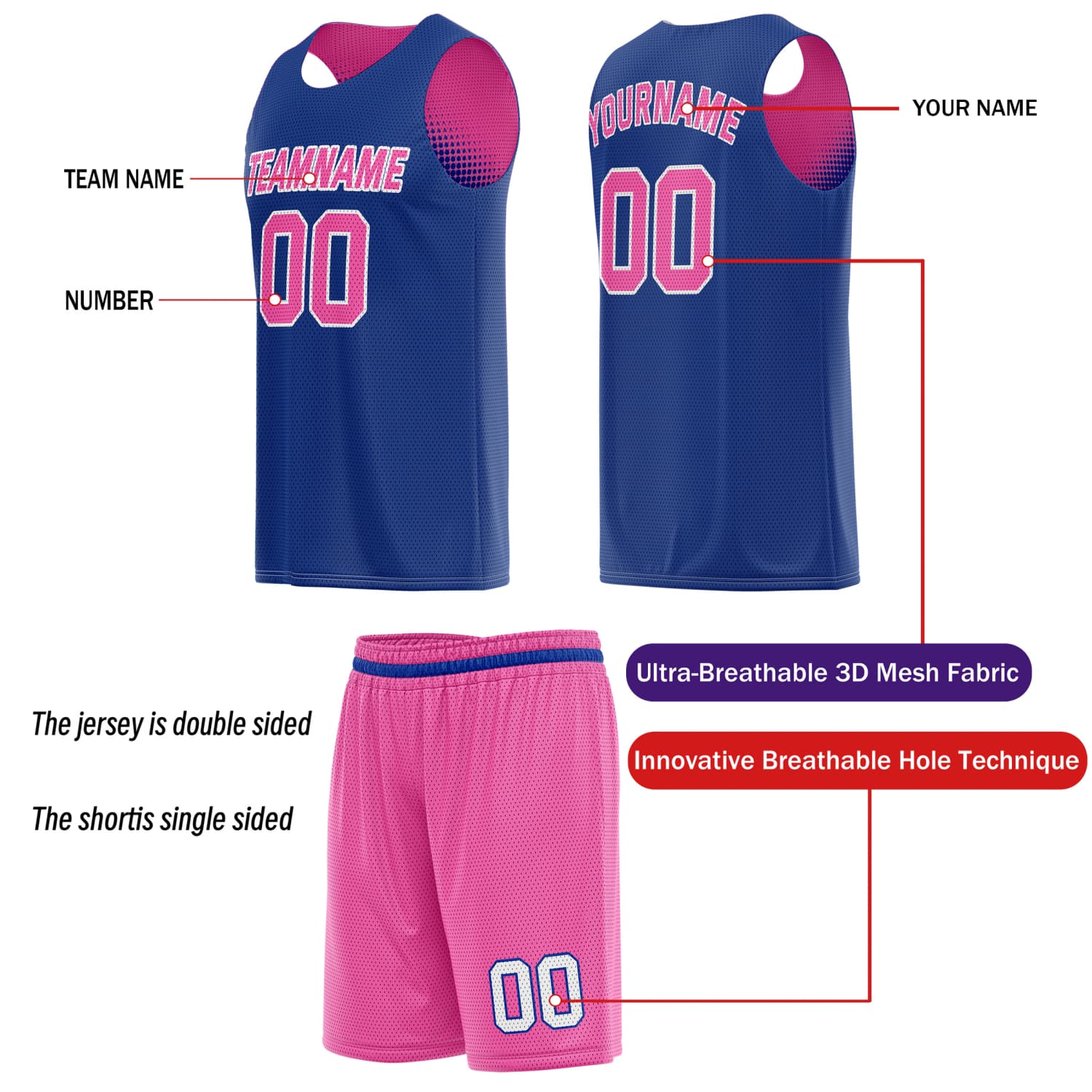 Custom Reversible Basketball Jersey & Shorts Set for Individuals & Teams – Pink Cyan Navy Dot Gradient | Vosoli