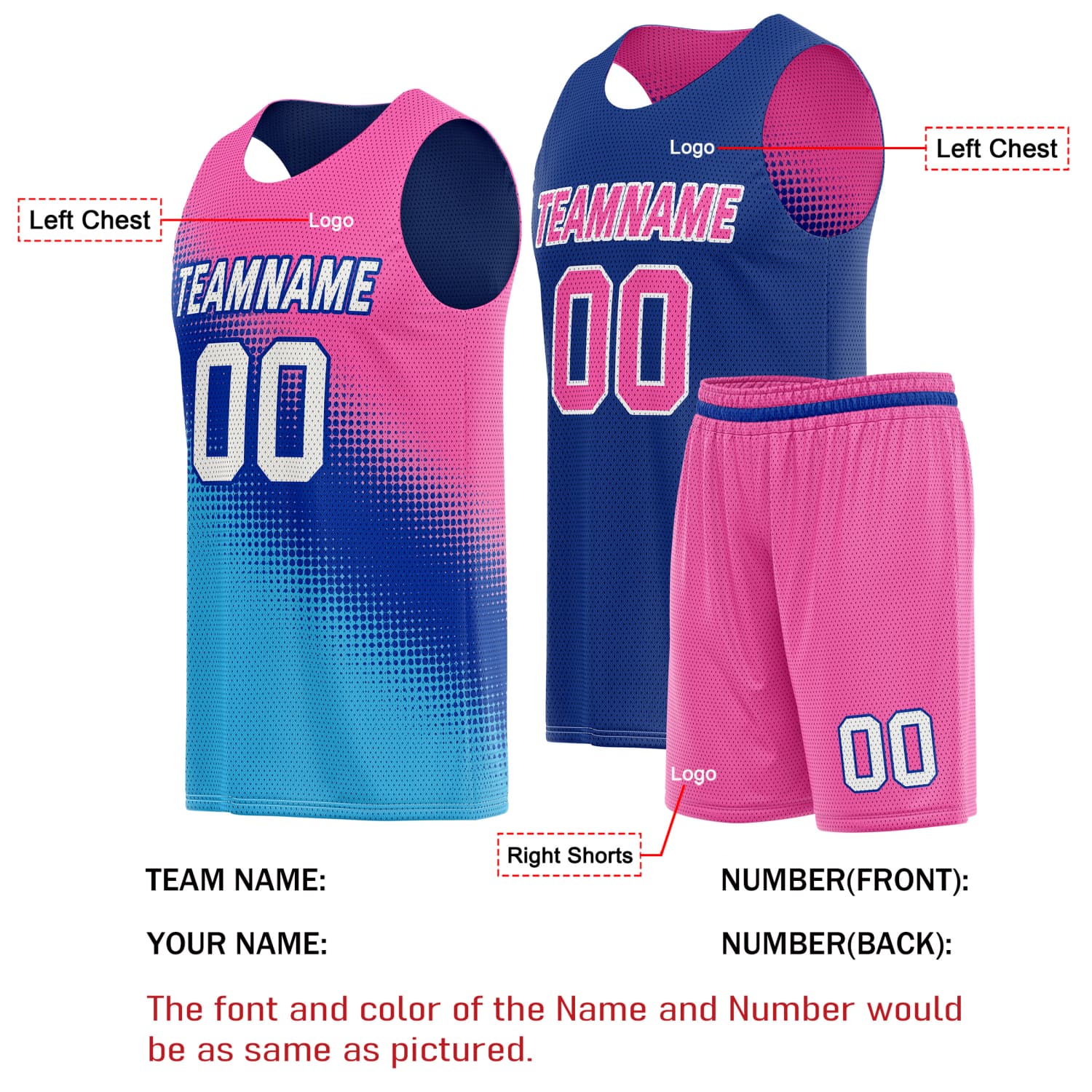 Custom Reversible Basketball Jersey & Shorts Set for Individuals & Teams – Pink Cyan Navy Dot Gradient | Vosoli