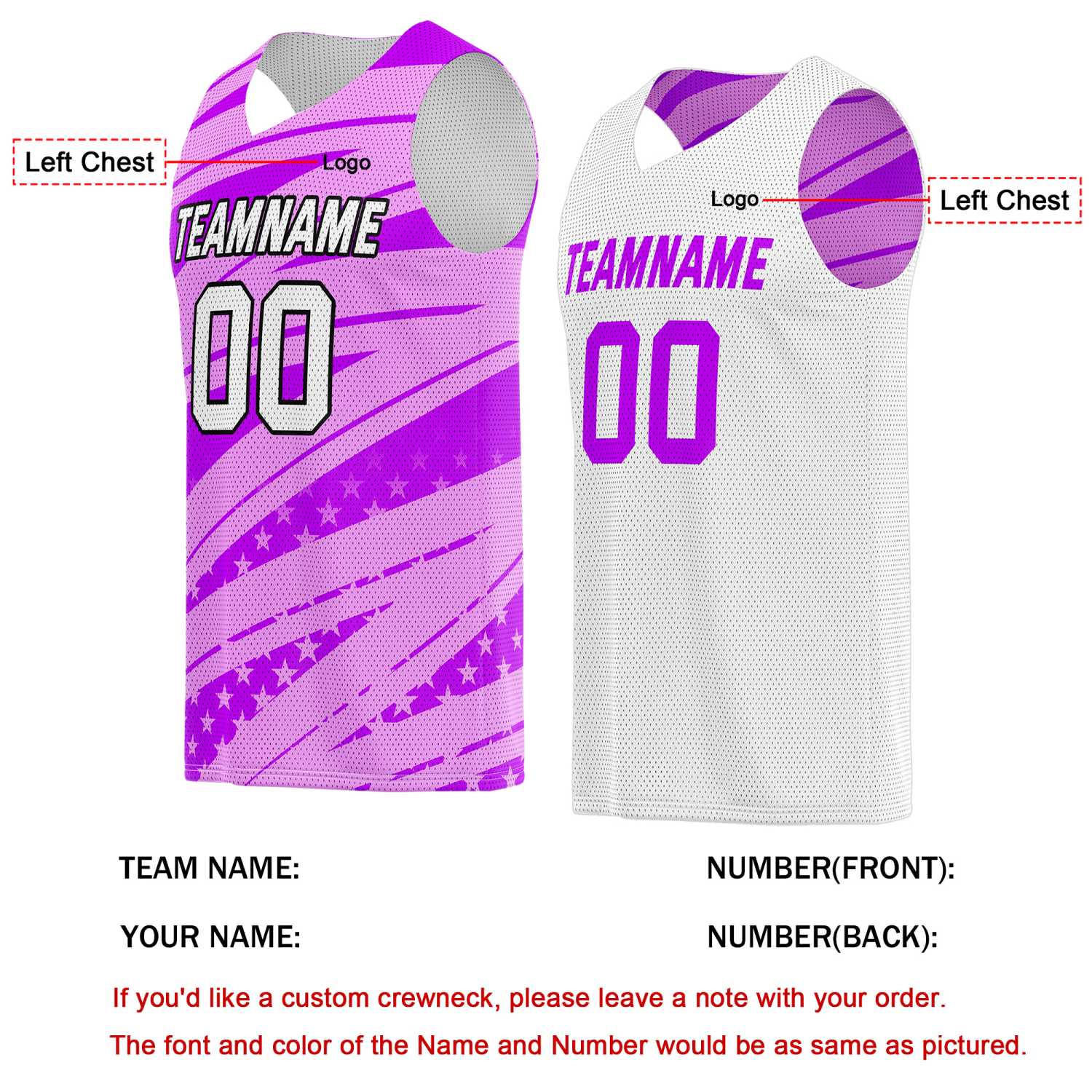 Custom Reversible Basketball Jersey for Individuals & Teams – Pink Purple White Star Stripe | Vosoli