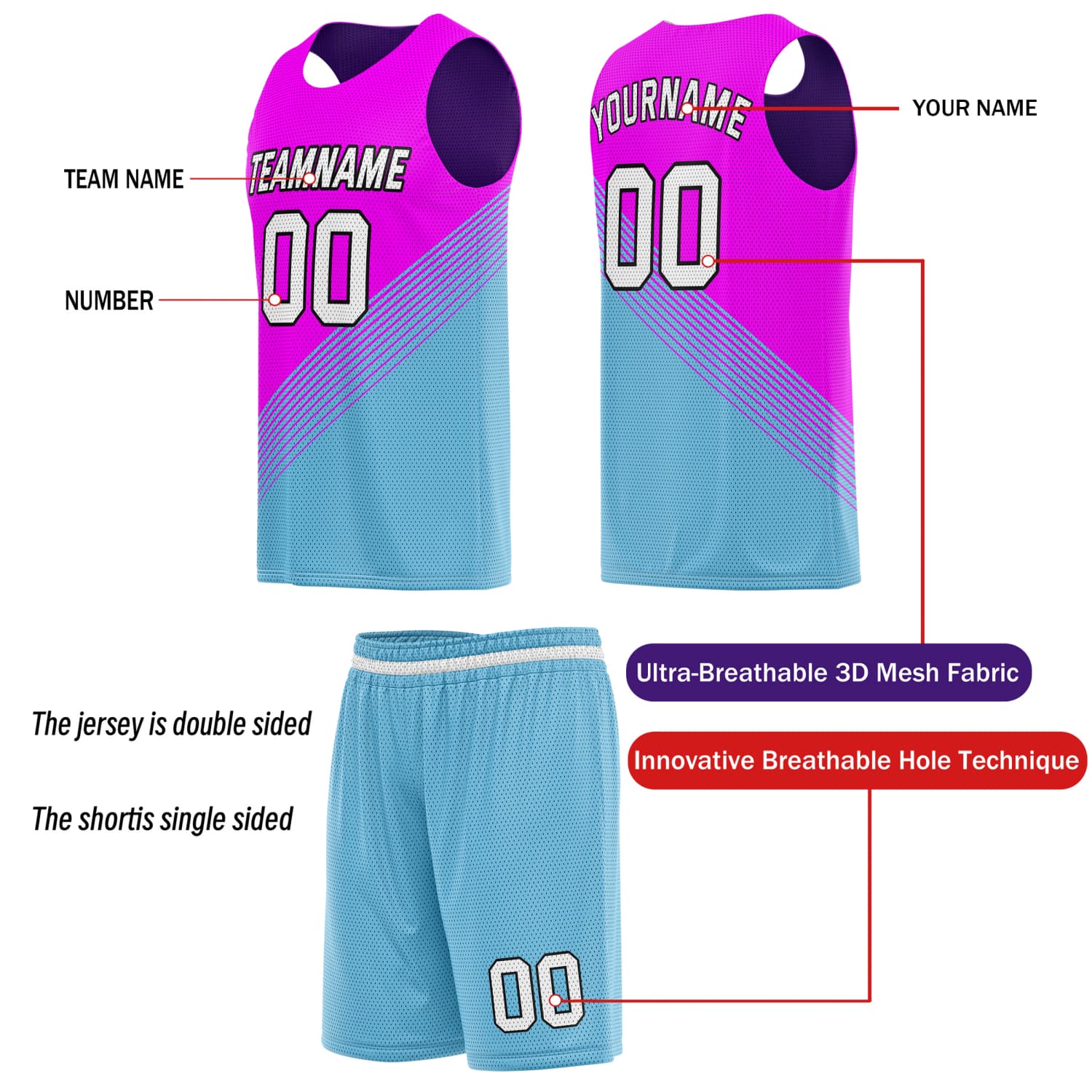 Custom Reversible Basketball Jersey & Shorts Set for Individuals & Teams – Pink Teal Purple Diagonal Stripe | Vosoli