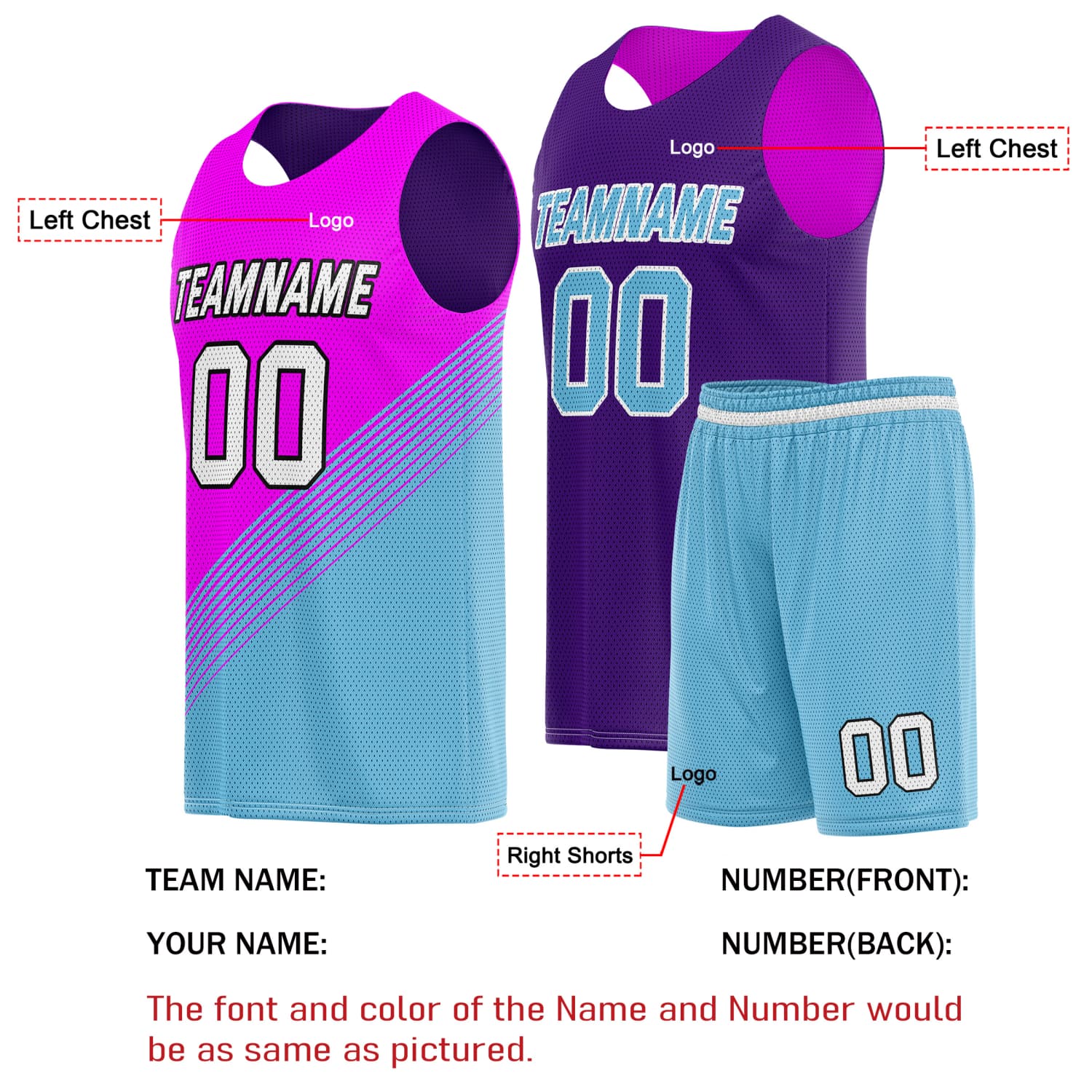 Custom Reversible Basketball Jersey & Shorts Set for Individuals & Teams – Pink Teal Purple Diagonal Stripe | Vosoli