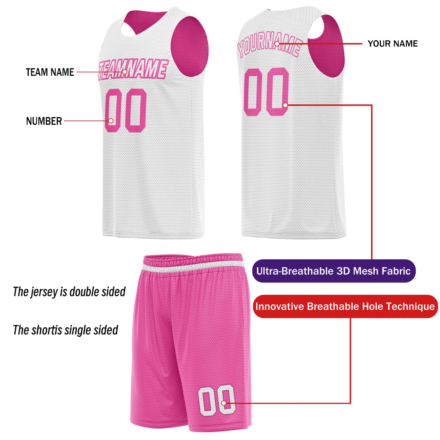 Custom Reversible Basketball Jersey & Shorts Set for Individuals & Teams – Pink White | Vosoli