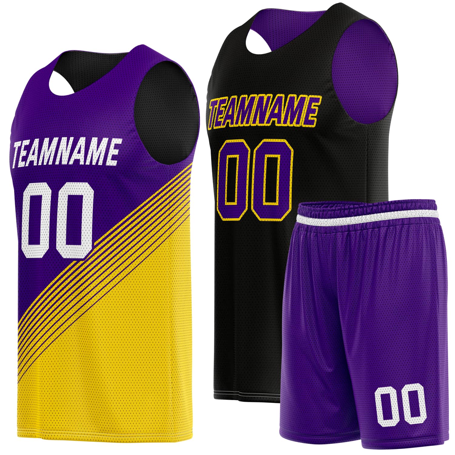 Custom Reversible Basketball Jersey & Shorts Set for Individuals & Teams – Purple Gold Black Diagonal Stripe | Vosoli