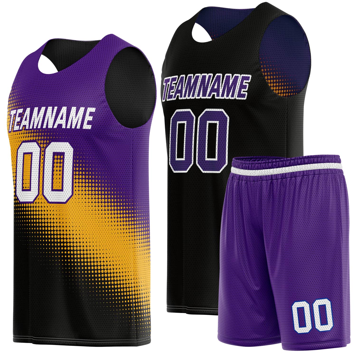 Custom Reversible Basketball Jersey & Shorts Set for Individuals & Teams – Purple Gold Black Dot Gradient | Vosoli