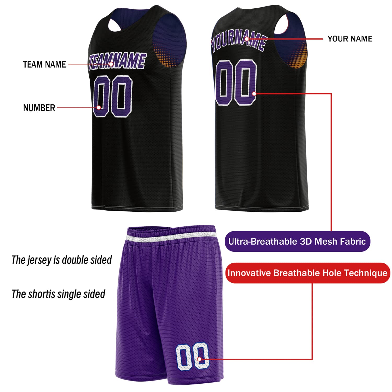 Custom Reversible Basketball Jersey & Shorts Set for Individuals & Teams – Purple Gold Black Dot Gradient | Vosoli