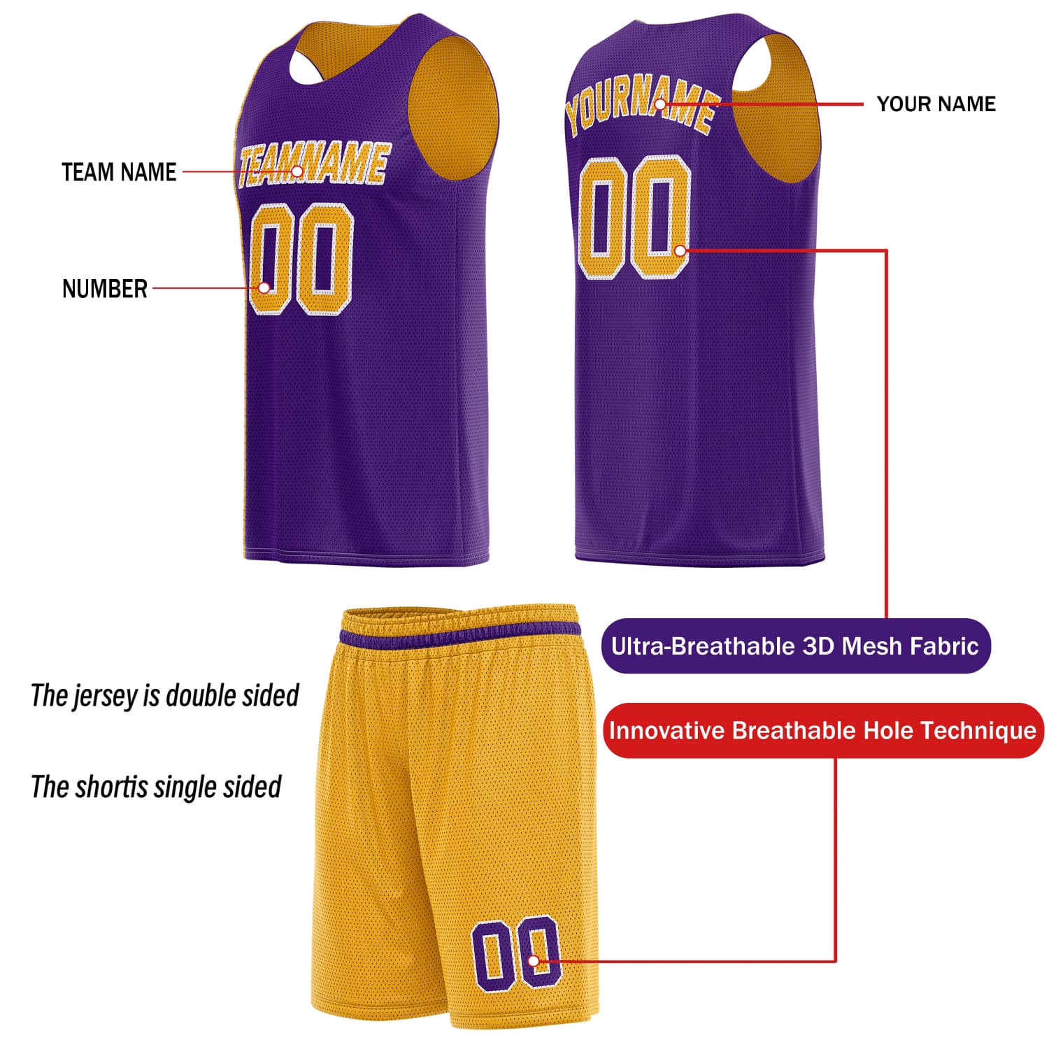 Custom Reversible Basketball Jersey & Shorts Set for Individuals & Teams – Purple Gold | Vosoli