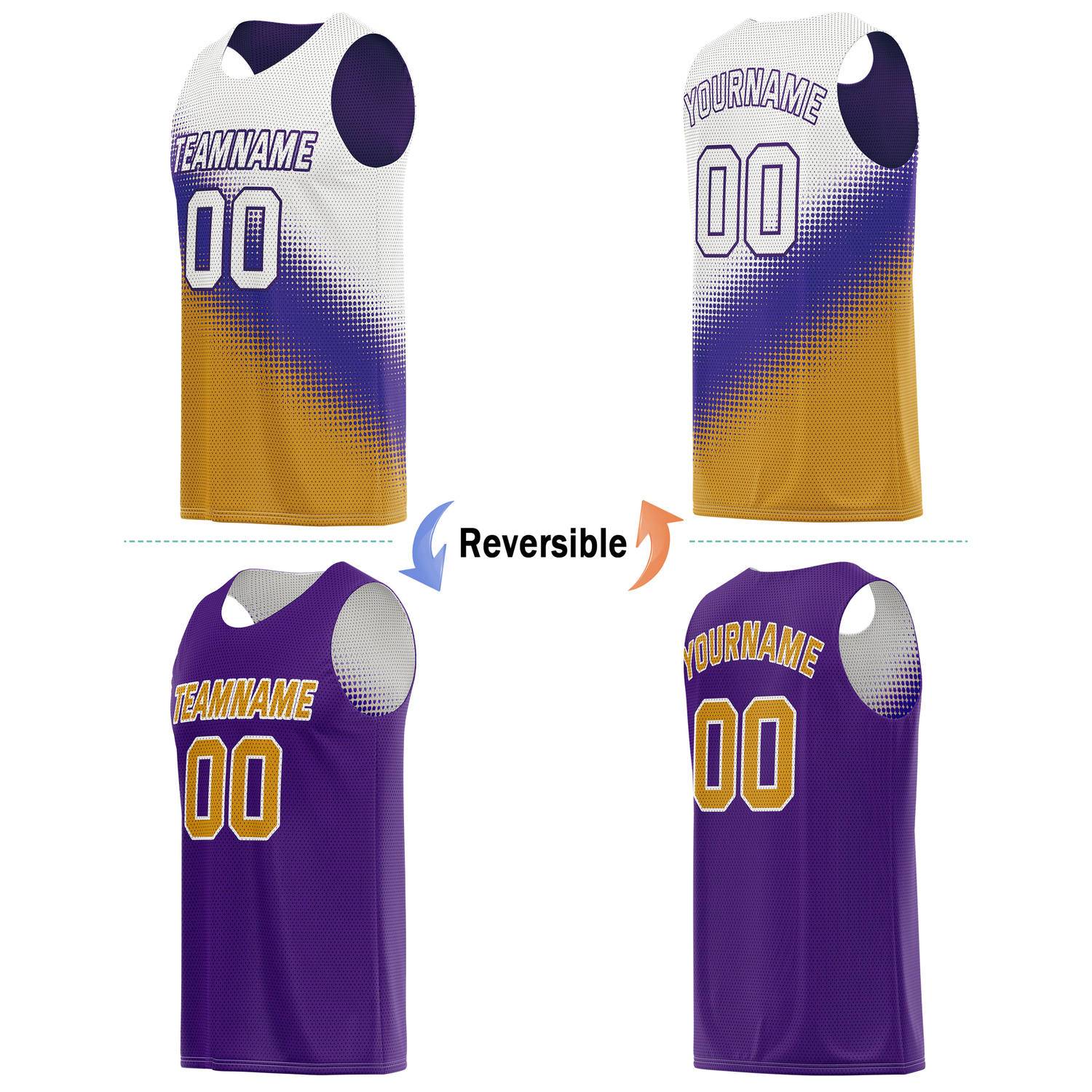 Custom Reversible Basketball Jersey & Shorts Set for Individuals & Teams – Purple Gold White Dot Gradient | Vosoli