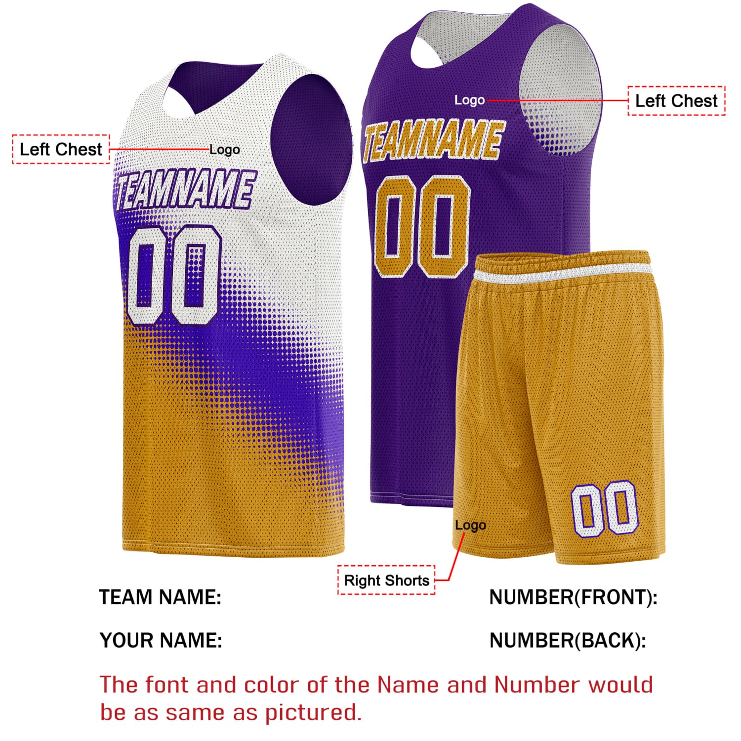 Custom Reversible Basketball Jersey & Shorts Set for Individuals & Teams – Purple Gold White Dot Gradient | Vosoli