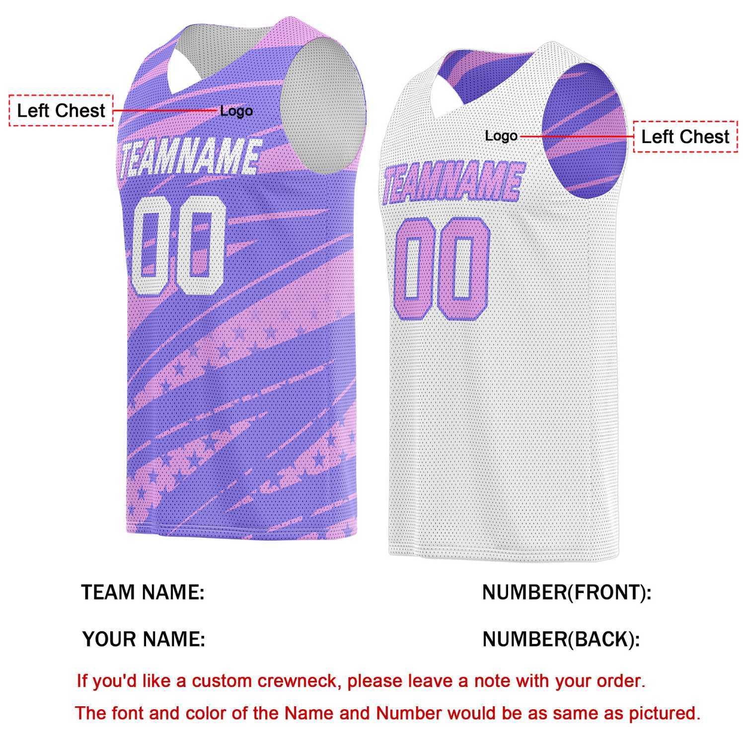 Custom Reversible Basketball Jersey for Individuals & Teams – Purple Pink White Star Stripe | Vosoli