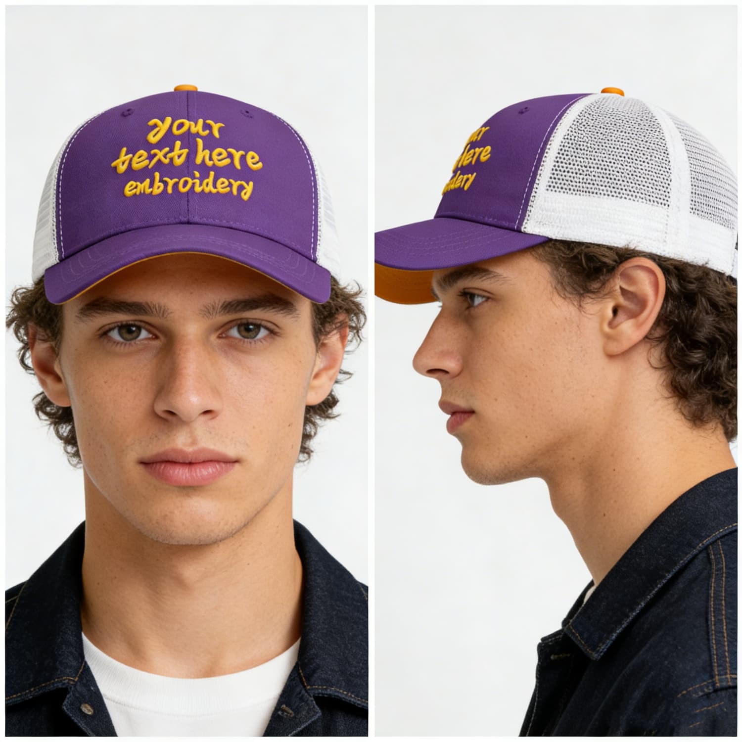 Vosoli Purple & White Mesh-Back Trucker Cap - Unisex Personal & Team Custom 3D Embroidery or Print Hat