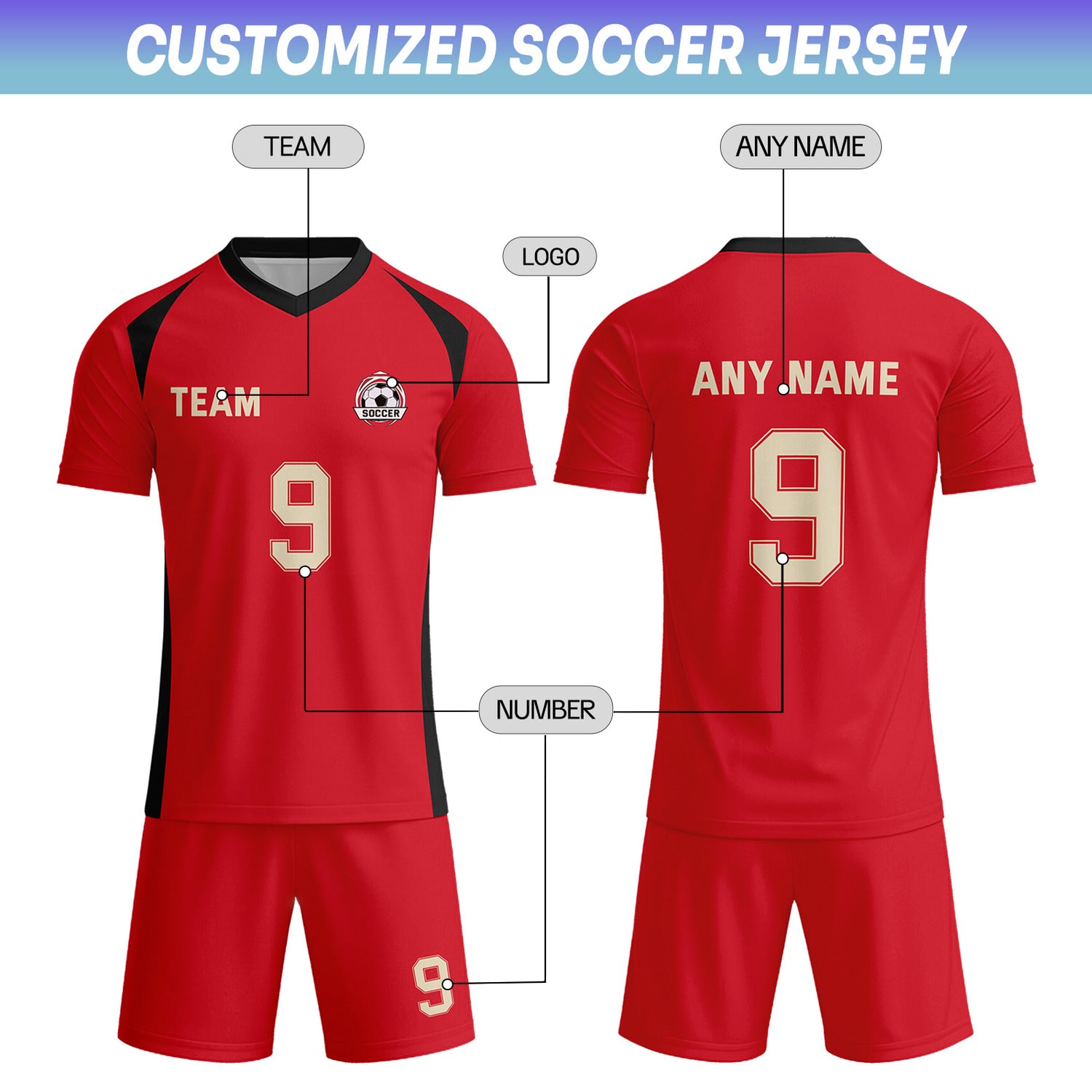 Custom Red & Black-Gold Soccer Uniform Set - Personalized Team Name & Number | Vosoli