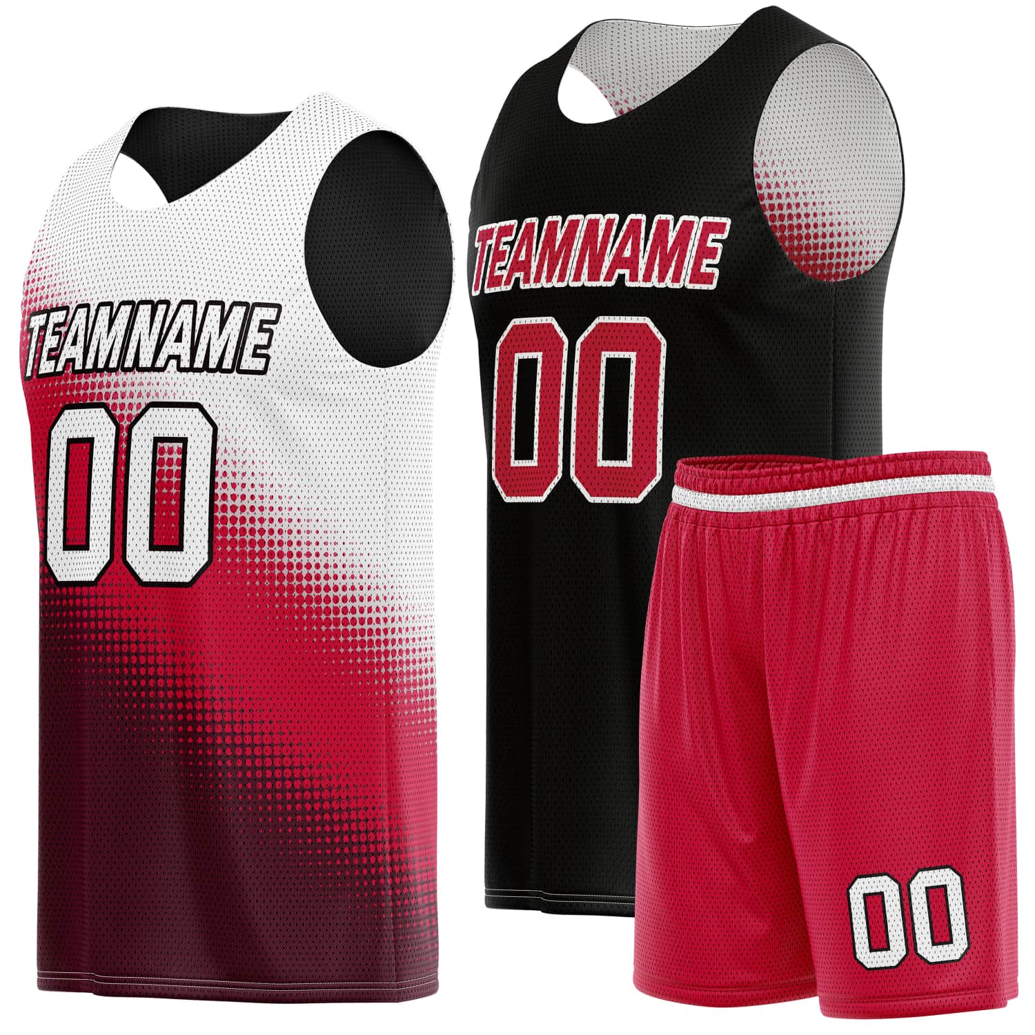 Custom Reversible Basketball Jersey & Shorts Set for Individuals & Teams – Red Black White Dot Gradient | Vosoli