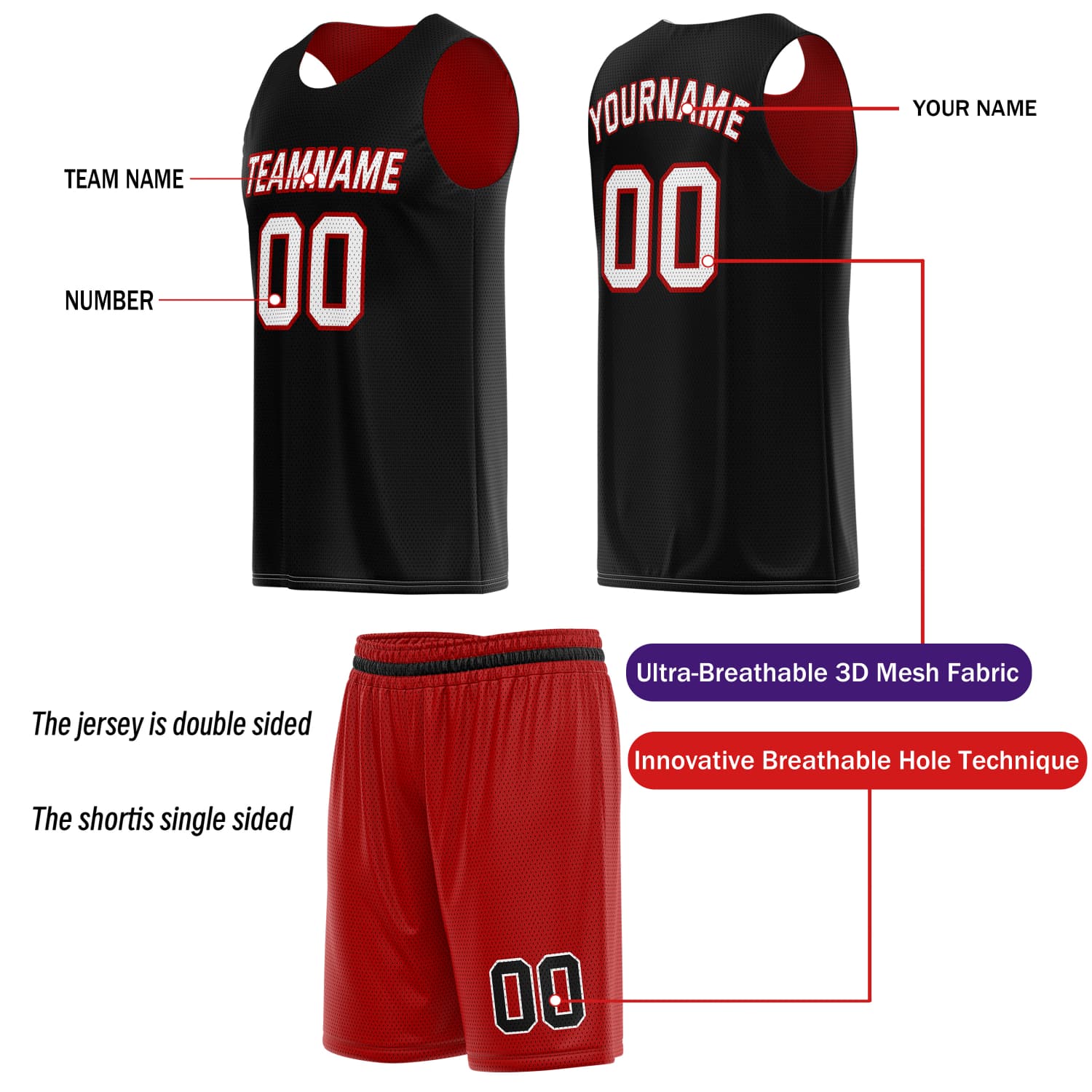 Custom Reversible Basketball Jersey & Shorts Set for Individuals & Teams – Red Black White | Vosoli