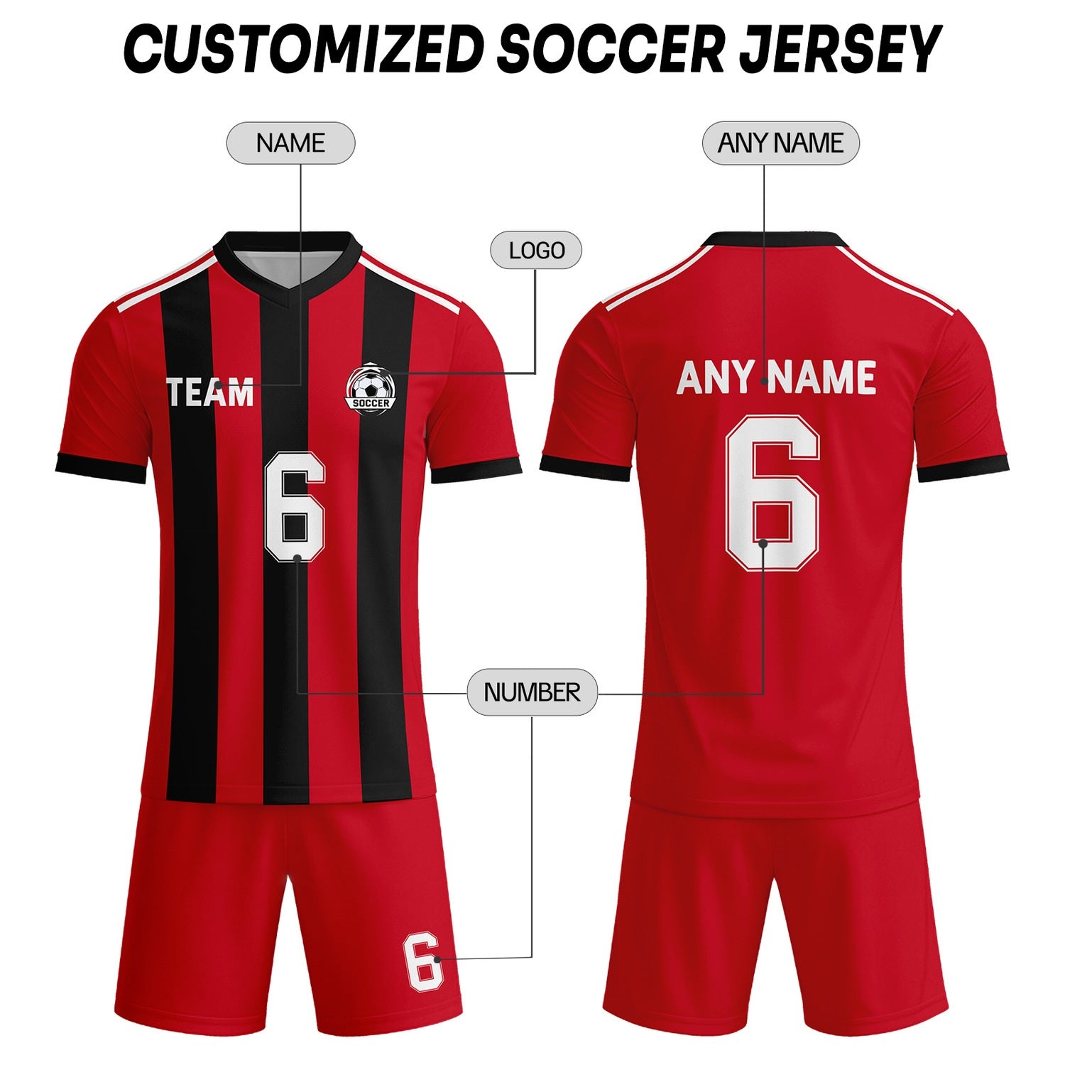 Custom Red & Black-White Striped Soccer Uniform Set for Teams & Individuals | Vosoli