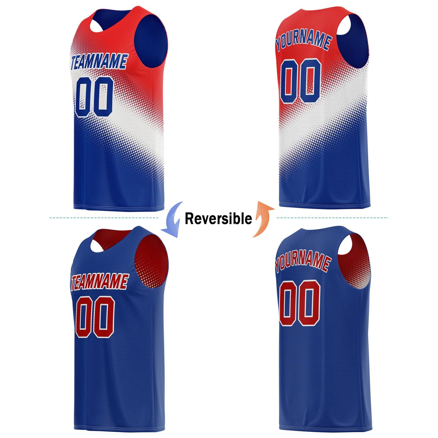 Custom Reversible Basketball Jersey & Shorts Set for Individuals & Teams – Red Blue White Dot Gradient | Vosoli