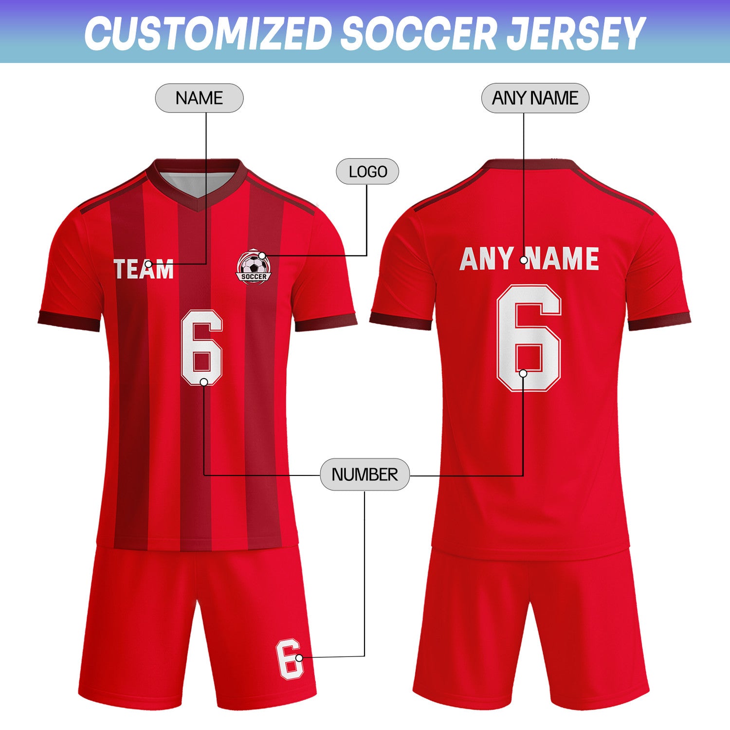 Custom Red & Burgundy-White Striped Soccer Uniform Set for Teams & Individuals | Vosoli