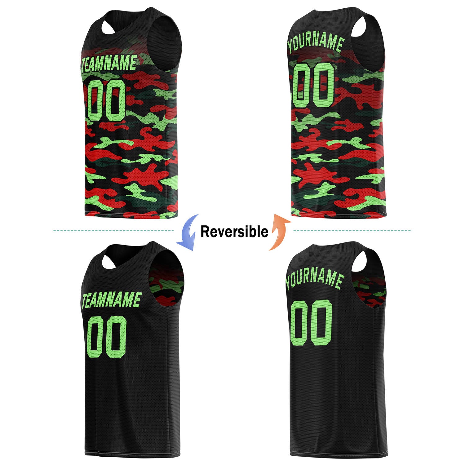 Custom Reversible Basketball Jersey for Individuals & Teams – Red Green Camo & Black | Vosoli