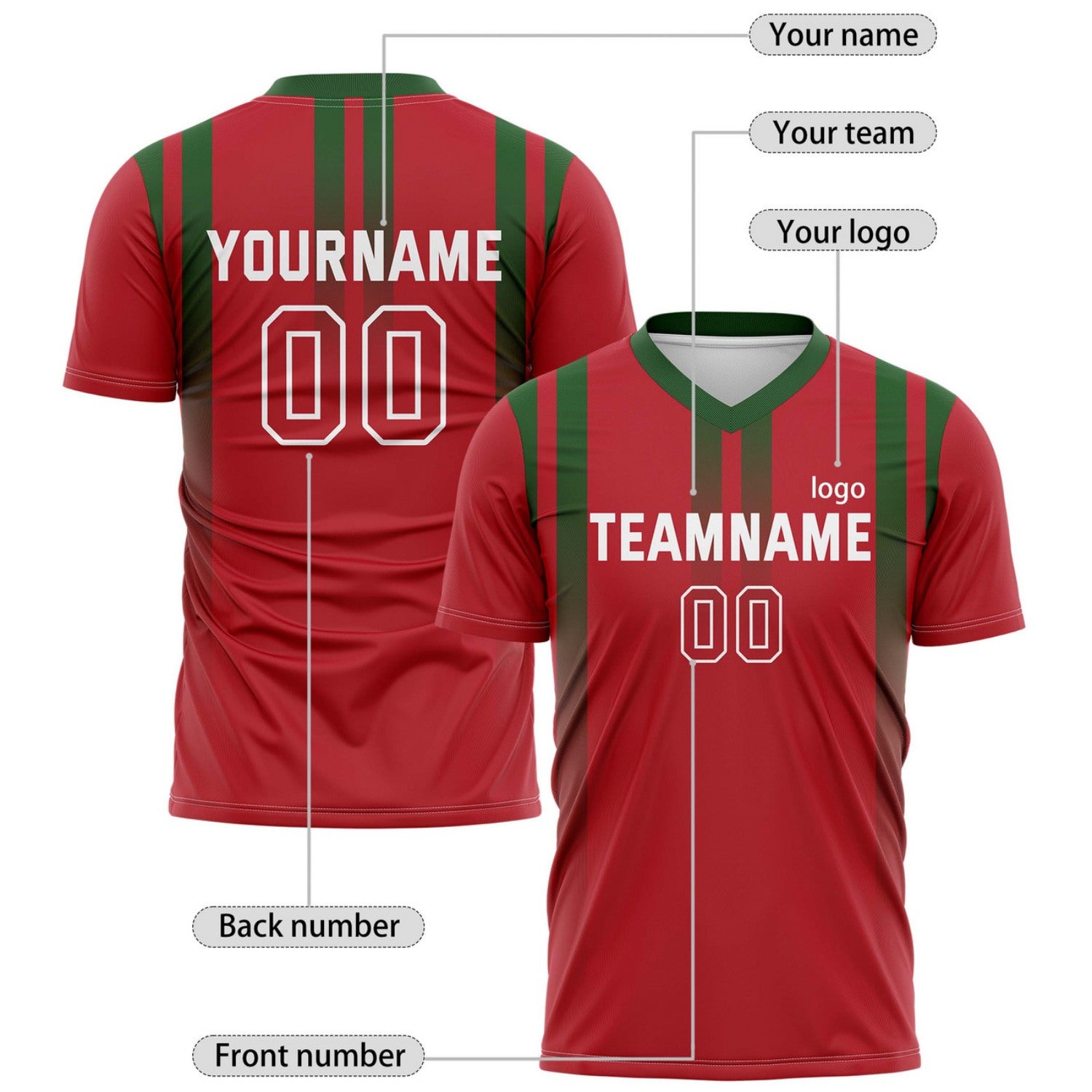 Custom Red & Green Vertical Stripe Soccer Jersey for Teams & Individuals | Vosoli