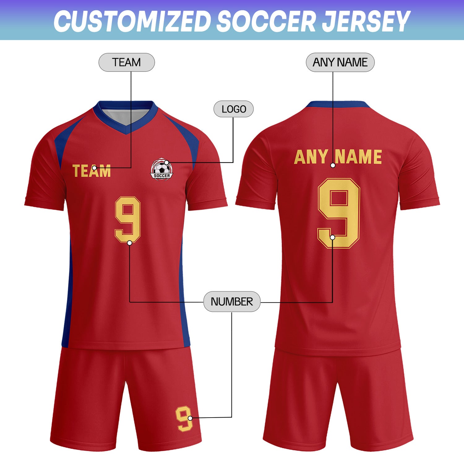Custom Red & Navy-Gold Soccer Uniform Set - Personalized Team Name & Number | Vosoli
