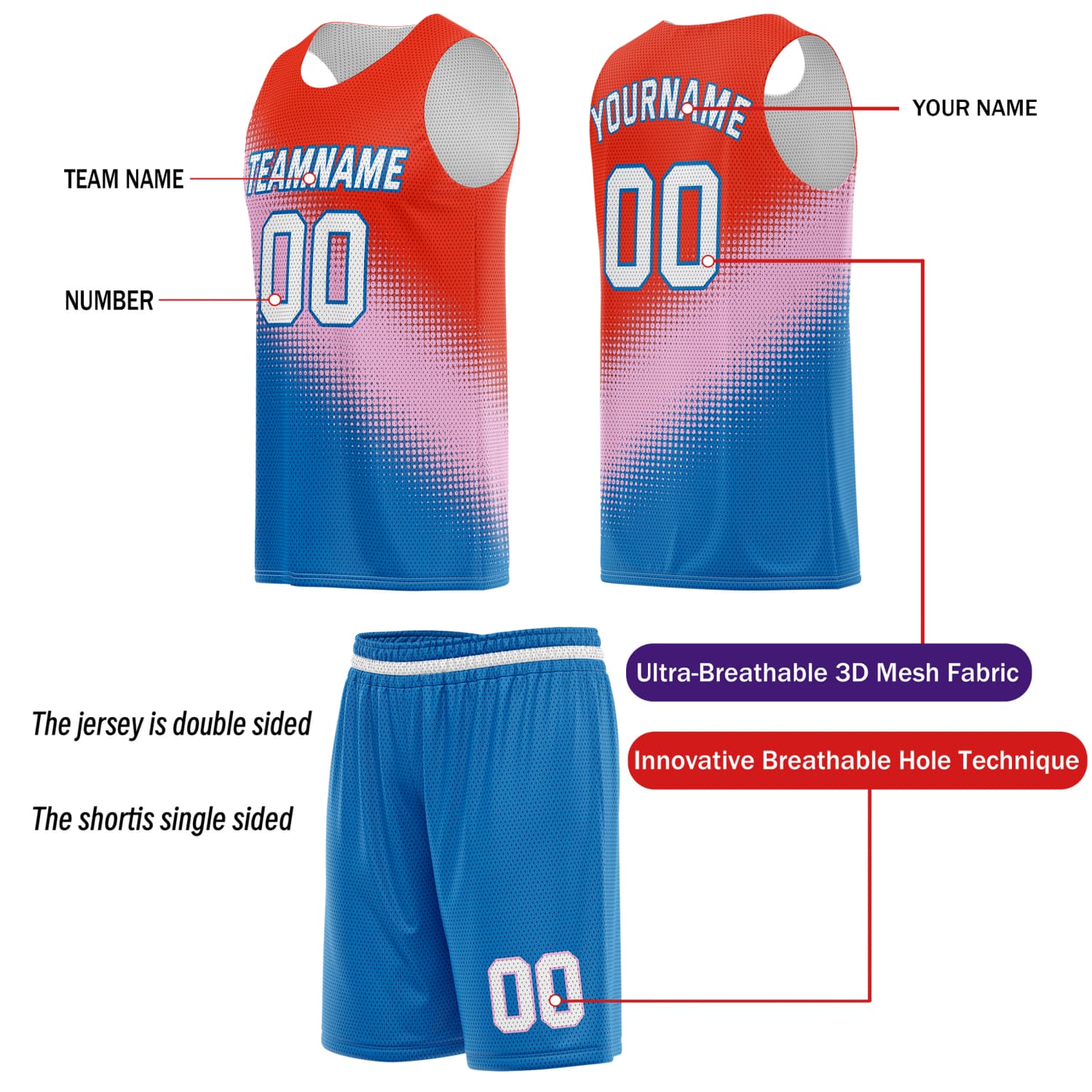 Custom Reversible Basketball Jersey & Shorts Set for Individuals & Teams – Red Pink Blue White Dot Gradient | Vosoli