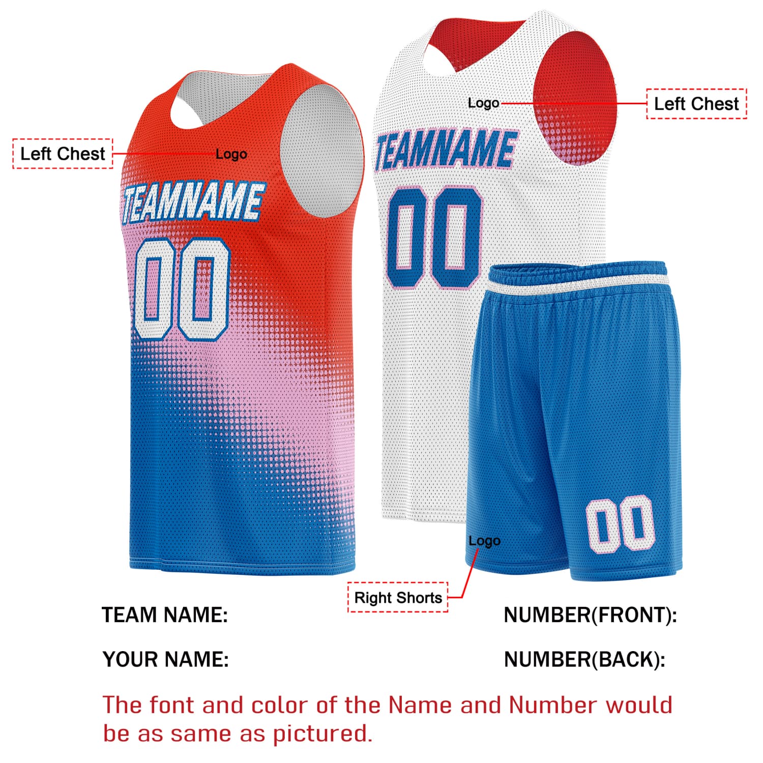 Custom Reversible Basketball Jersey & Shorts Set for Individuals & Teams – Red Pink Blue White Dot Gradient | Vosoli